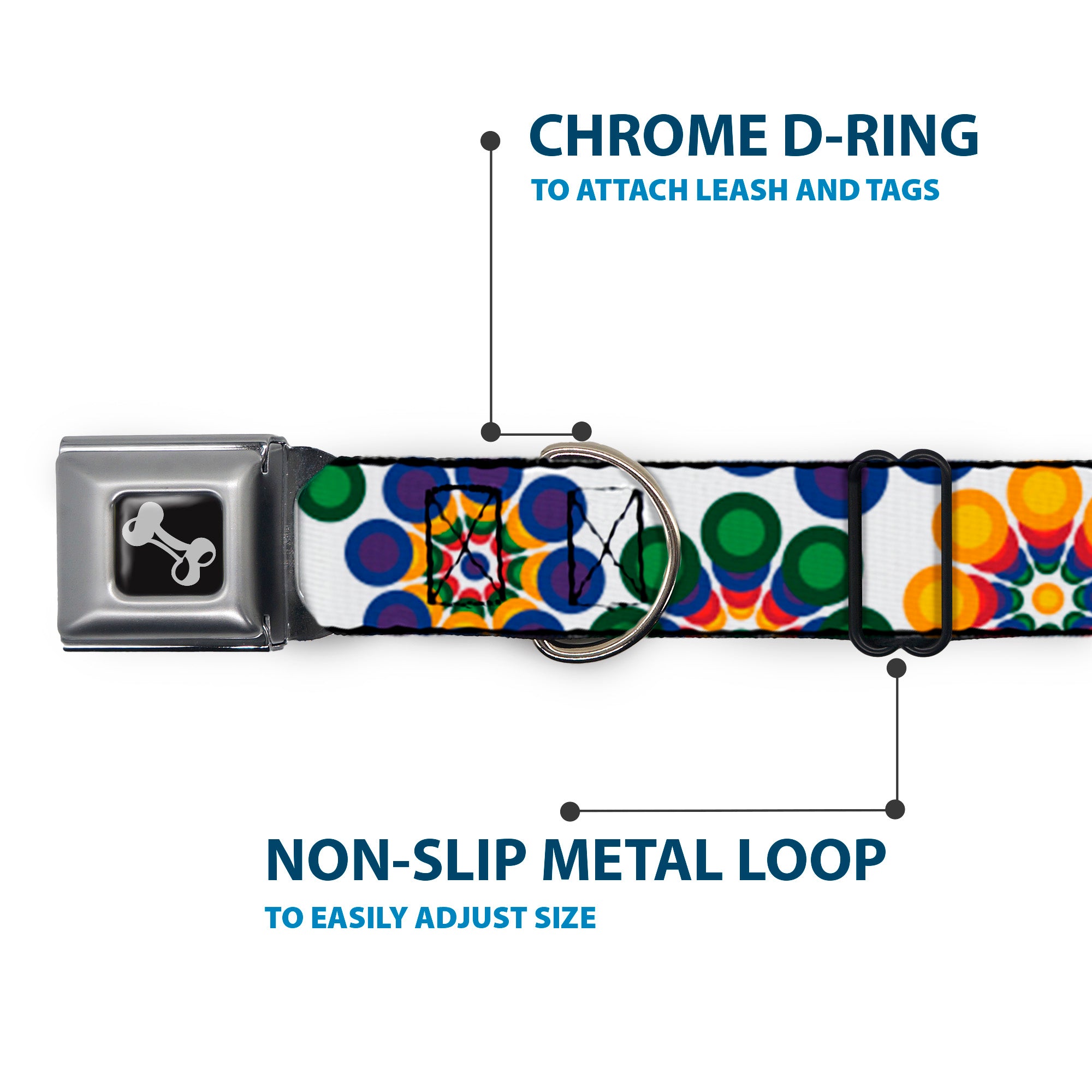 Dog Bone Seatbelt Buckle Collar - Psychedelic Daisies CLOSE-UP White/Multi Color Seatbelt Buckle Collars Buckle-Down