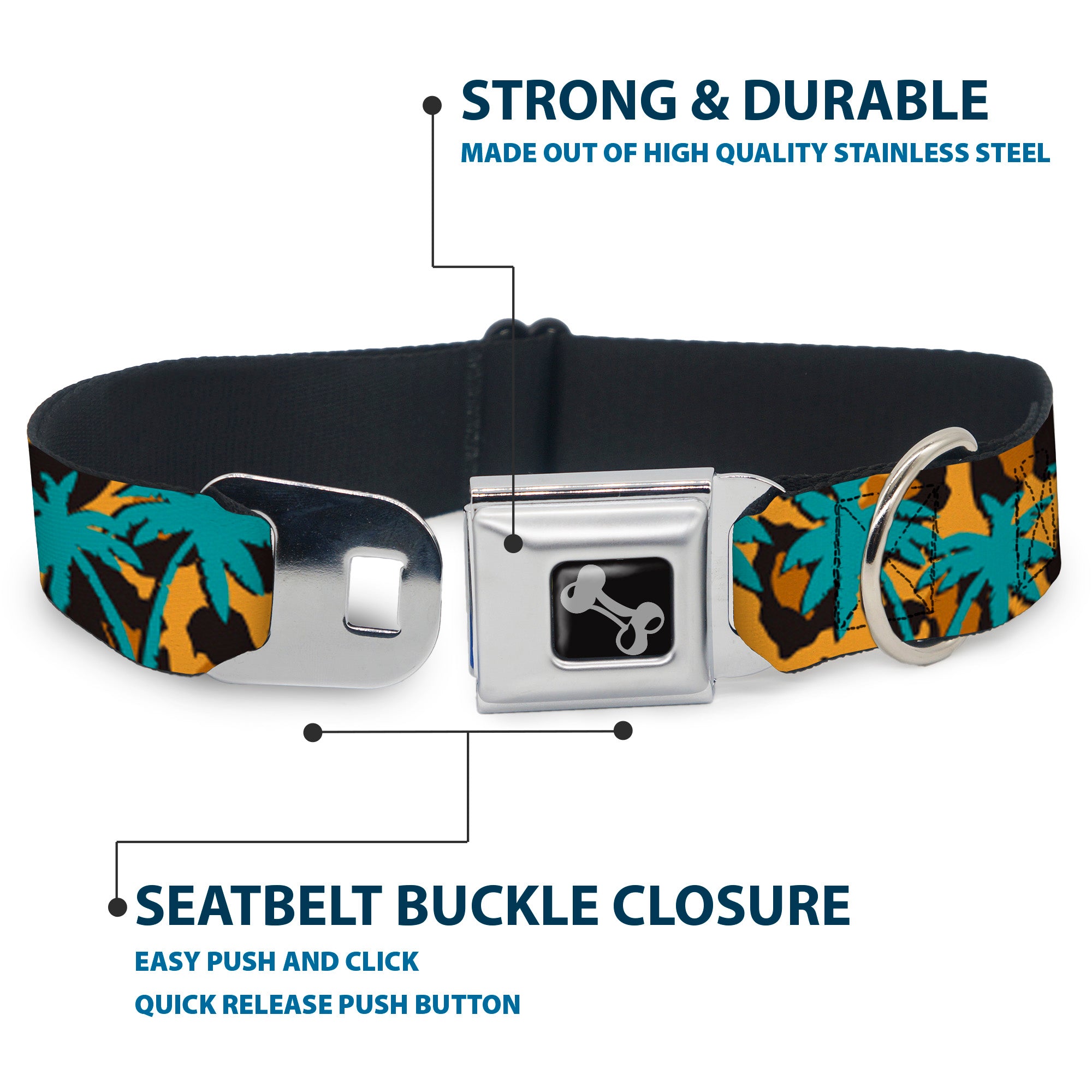Dog Bone Seatbelt Buckle Collar - Palm Tree Silhouette Leopard Brown/Turquoise Seatbelt Buckle Collars Buckle-Down