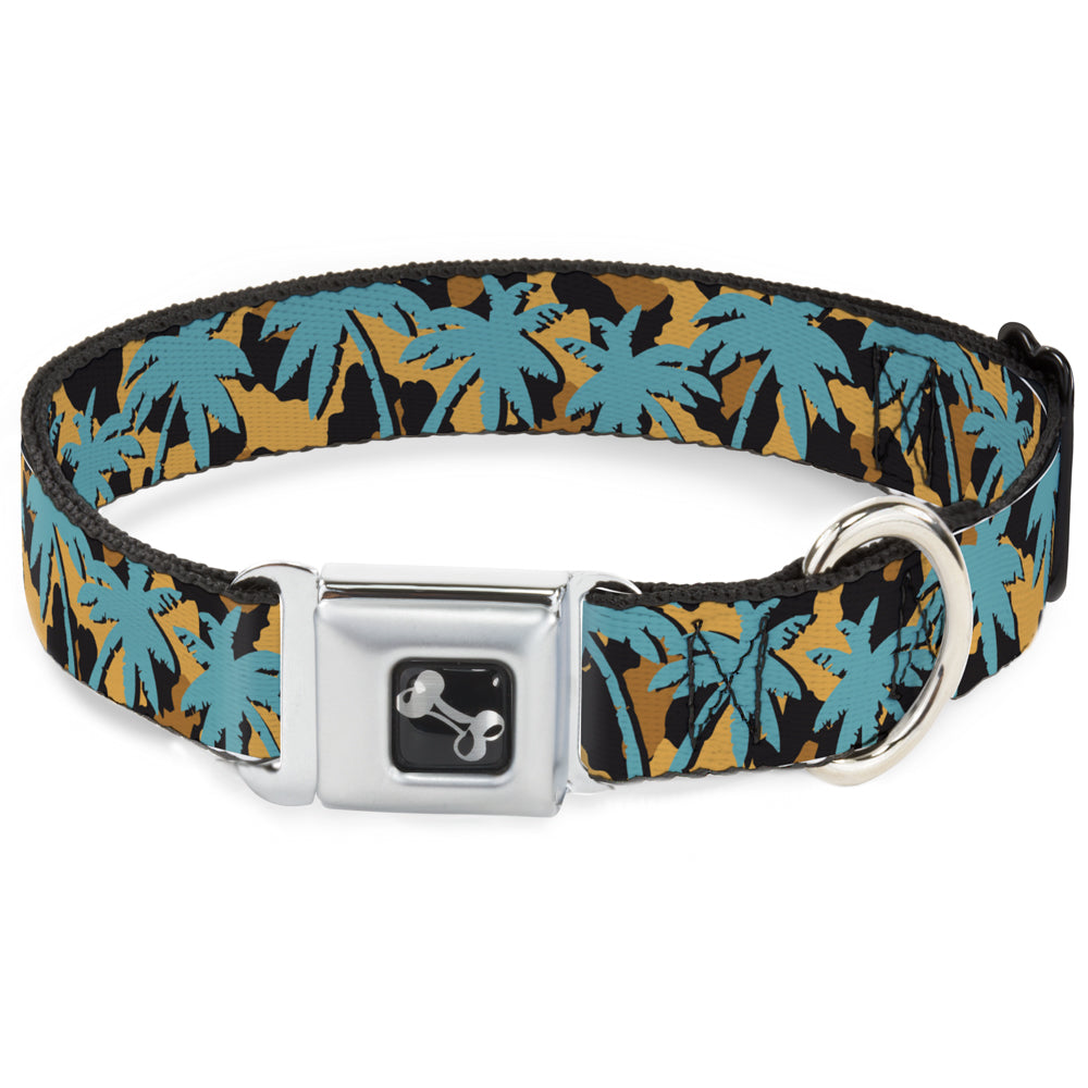 Dog Bone Seatbelt Buckle Collar - Palm Tree Silhouette Leopard Brown/Turquoise Seatbelt Buckle Collars Buckle-Down