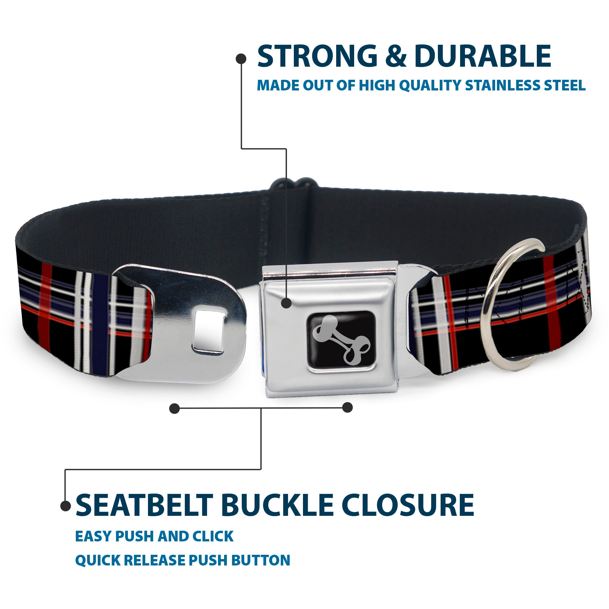 Dog Bone Seatbelt Buckle Collar - Plaid Black/Red/White/Blue Seatbelt Buckle Collars Buckle-Down