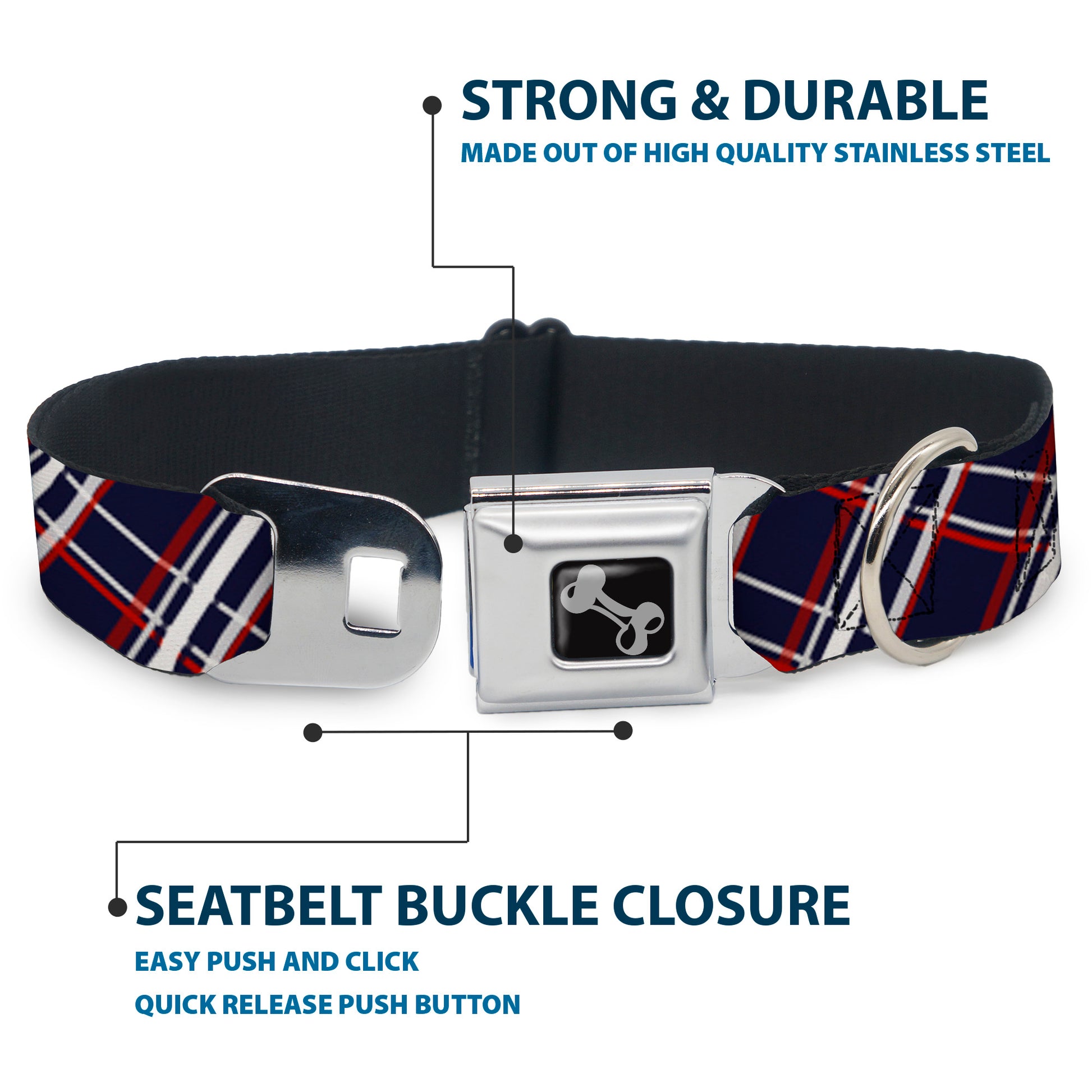 Dog Bone Seatbelt Buckle Collar - Plaid X Blue/White/Red Seatbelt Buckle Collars Buckle-Down
