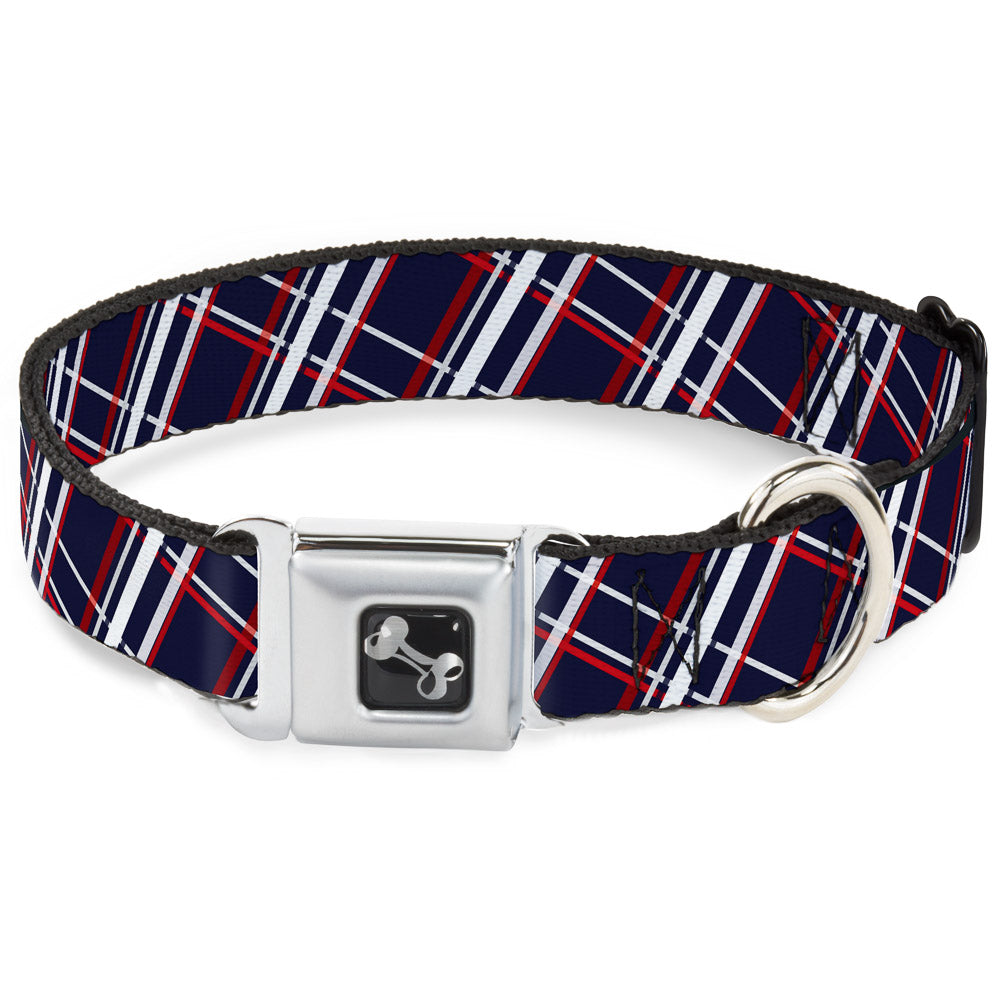 Dog Bone Seatbelt Buckle Collar - Plaid X Blue/White/Red Seatbelt Buckle Collars Buckle-Down
