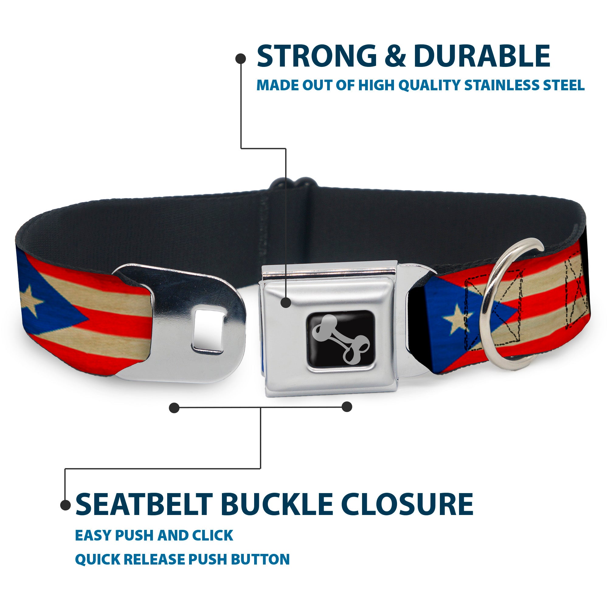 Dog Bone Seatbelt Buckle Collar - Puerto Rico Flag Weathered Seatbelt Buckle Collars Buckle-Down