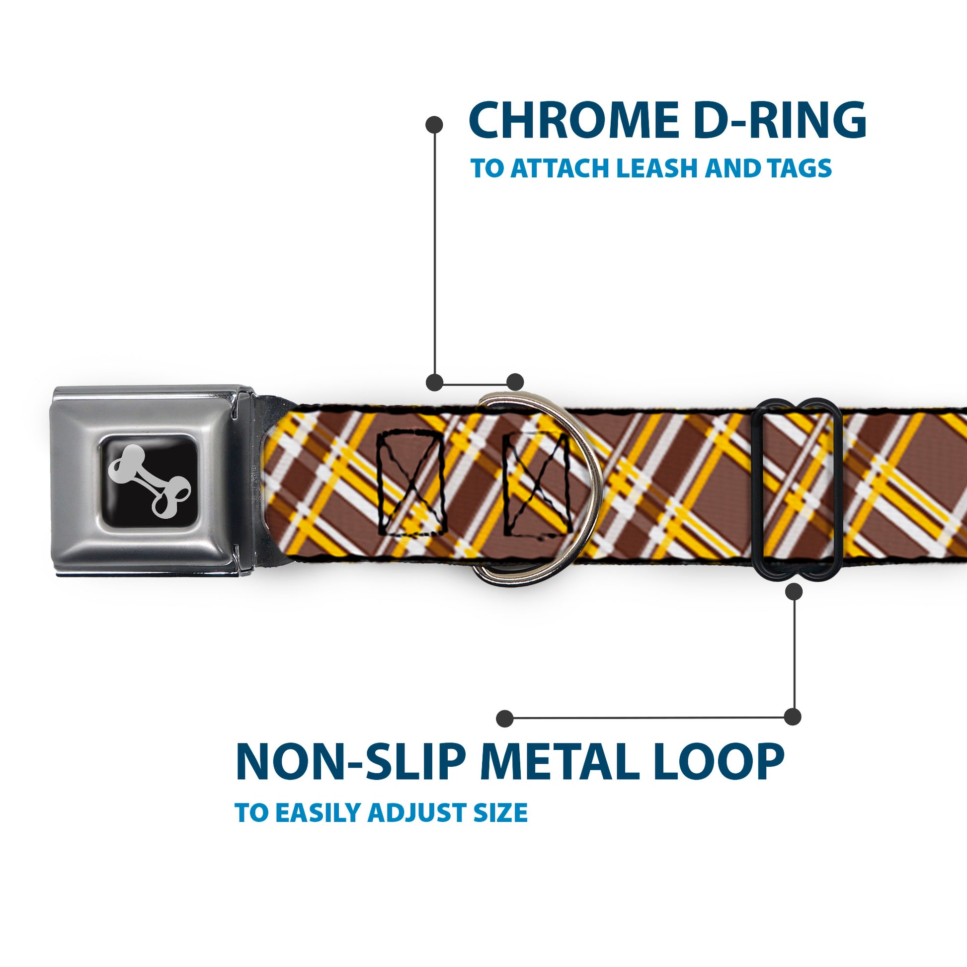 Dog Bone Seatbelt Buckle Collar - Plaid X Brown/White/Gold Seatbelt Buckle Collars Buckle-Down
