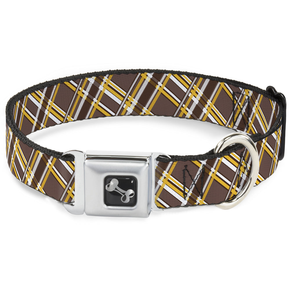 Dog Bone Seatbelt Buckle Collar - Plaid X Brown/White/Gold Seatbelt Buckle Collars Buckle-Down