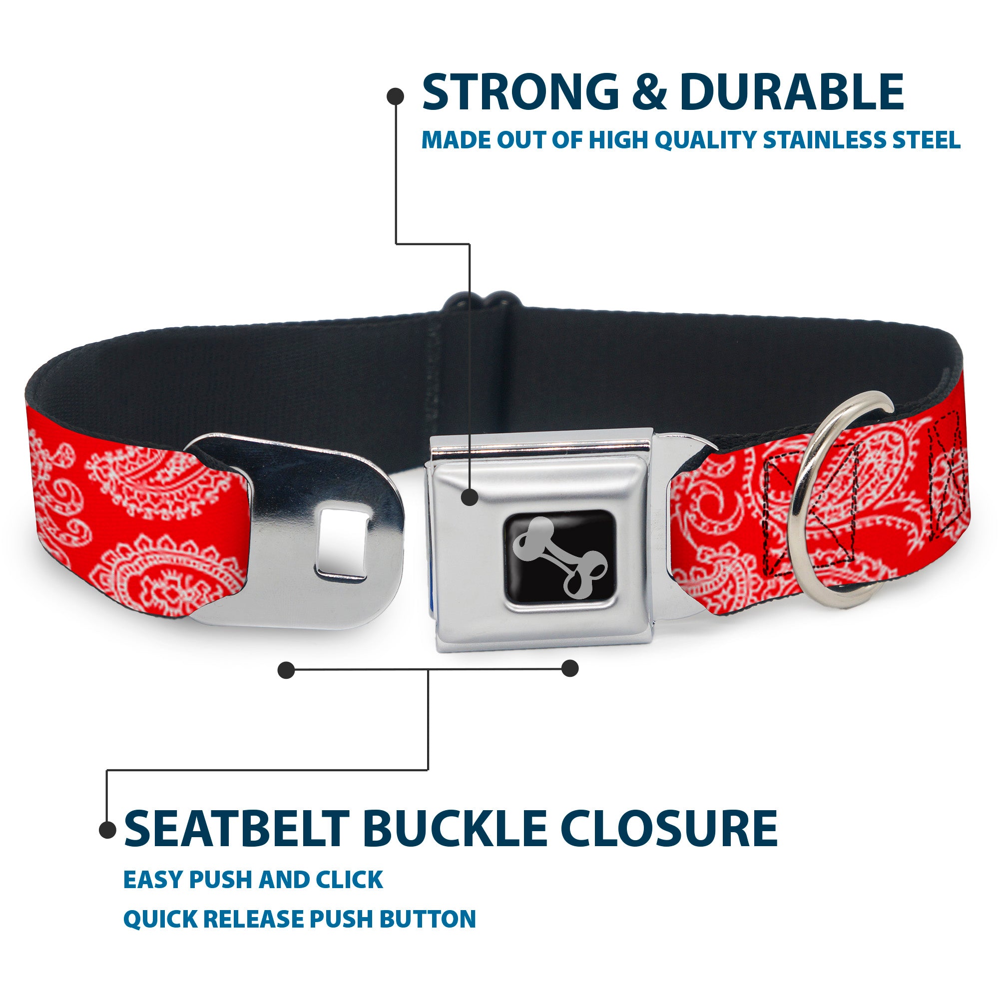 Dog Bone Seatbelt Buckle Collar - Paisley Red/White Seatbelt Buckle Collars Buckle-Down