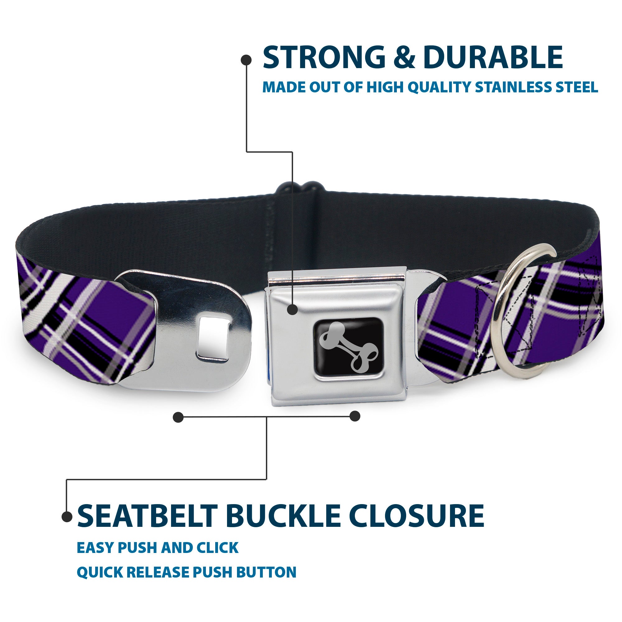 Dog Bone Seatbelt Buckle Collar - Plaid X2 Purple/Gray/White/Black Seatbelt Buckle Collars Buckle-Down