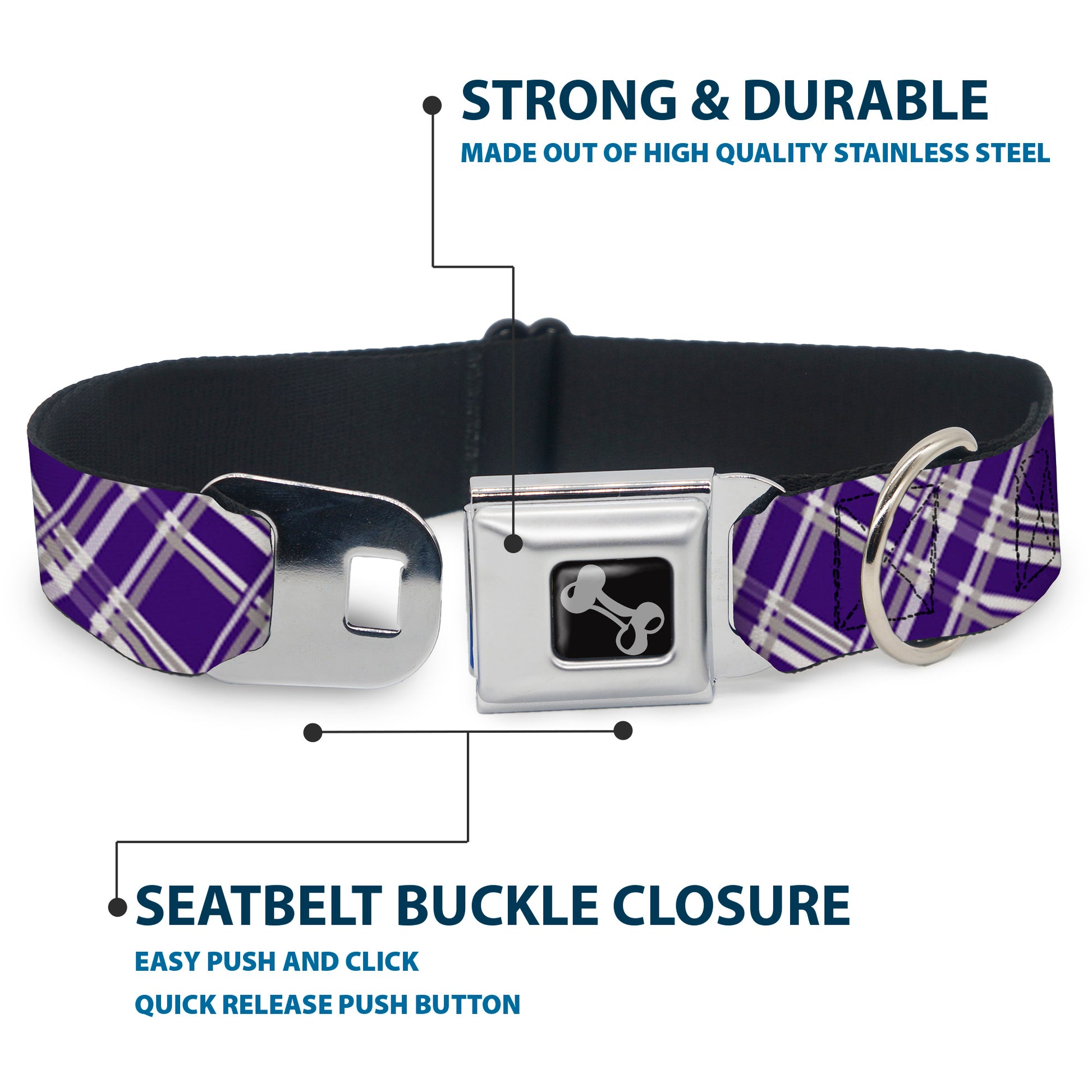Dog Bone Seatbelt Buckle Collar - Plaid X3 Purple/Gray/White Seatbelt Buckle Collars Buckle-Down