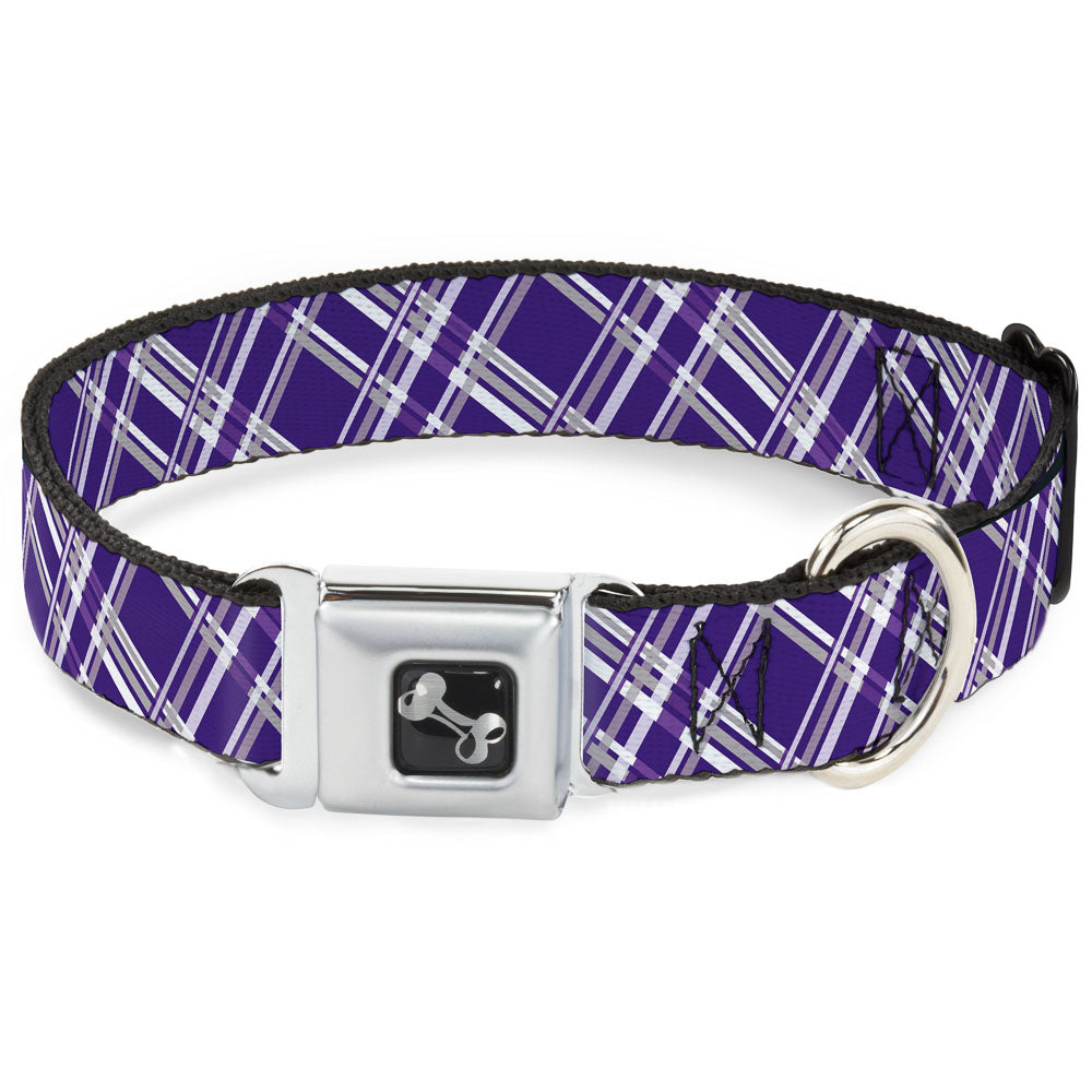 Dog Bone Seatbelt Buckle Collar - Plaid X3 Purple/Gray/White Seatbelt Buckle Collars Buckle-Down