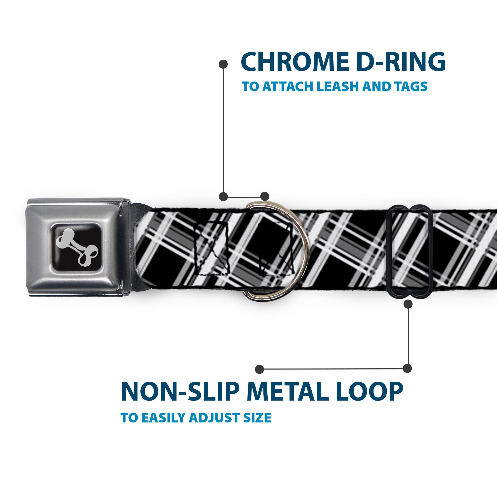 Dog Bone Seatbelt Buckle Collar - Plaid X2 Black/Grays/White Seatbelt Buckle Collars Buckle-Down
