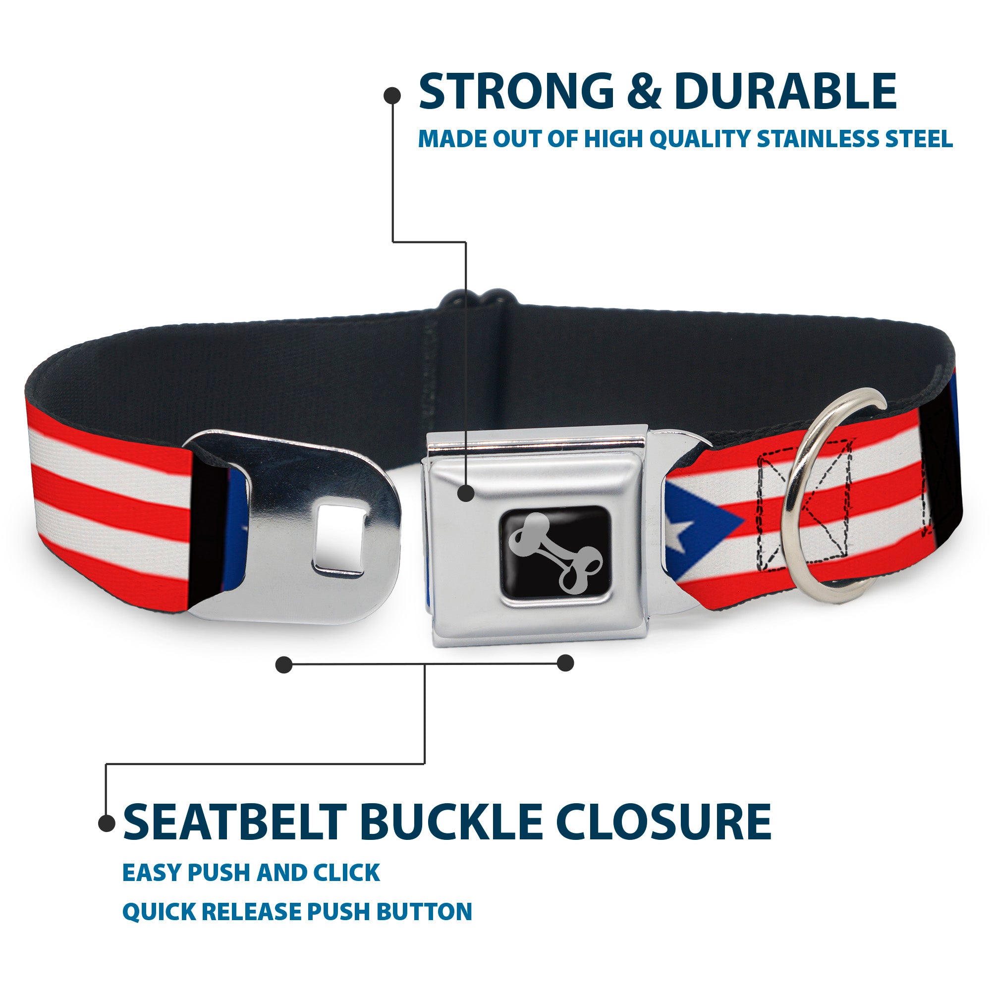 Dog Bone Seatbelt Buckle Collar - Puerto Rico Flag Repeat/Black Seatbelt Buckle Collars Buckle-Down