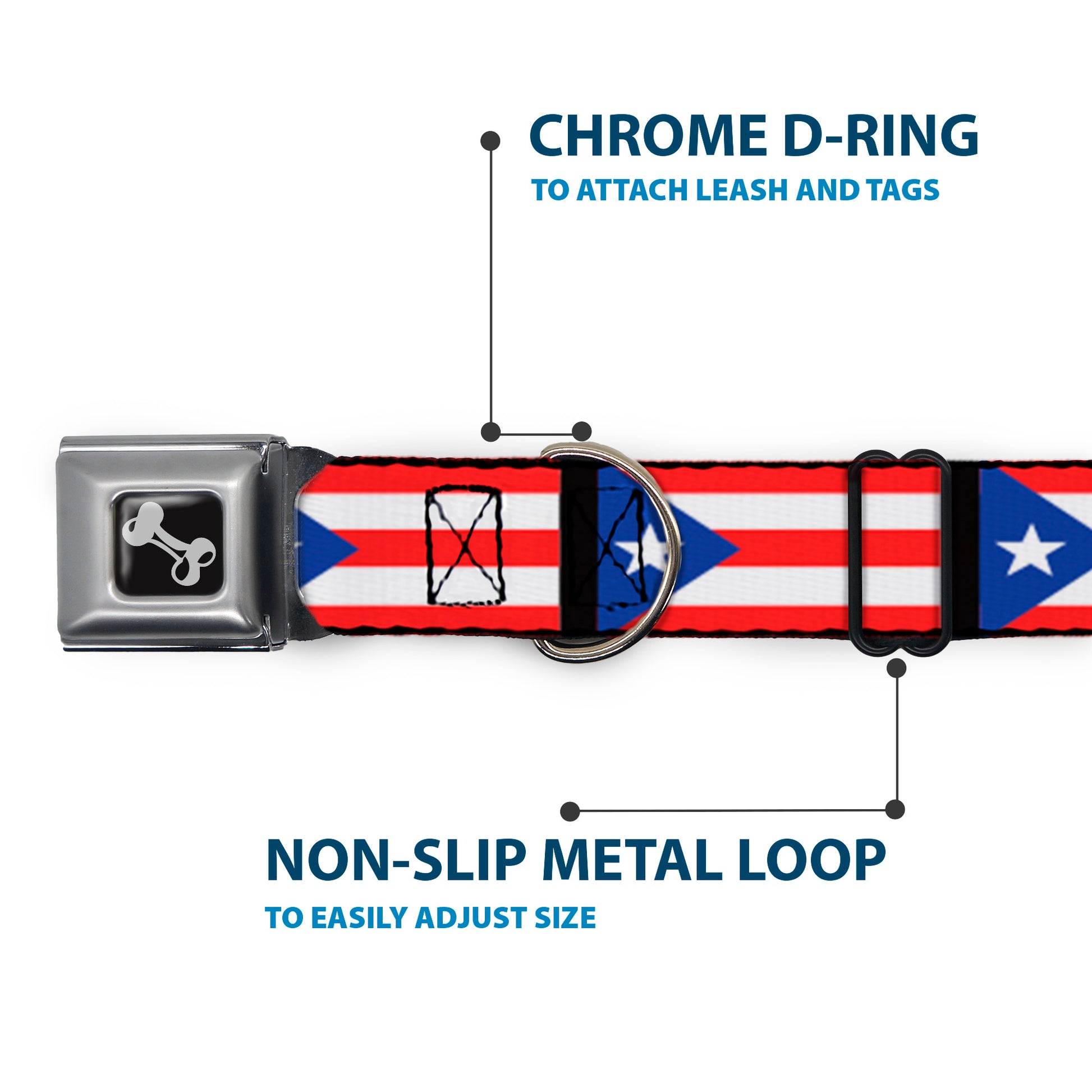 Dog Bone Seatbelt Buckle Collar - Puerto Rico Flag Repeat/Black Seatbelt Buckle Collars Buckle-Down