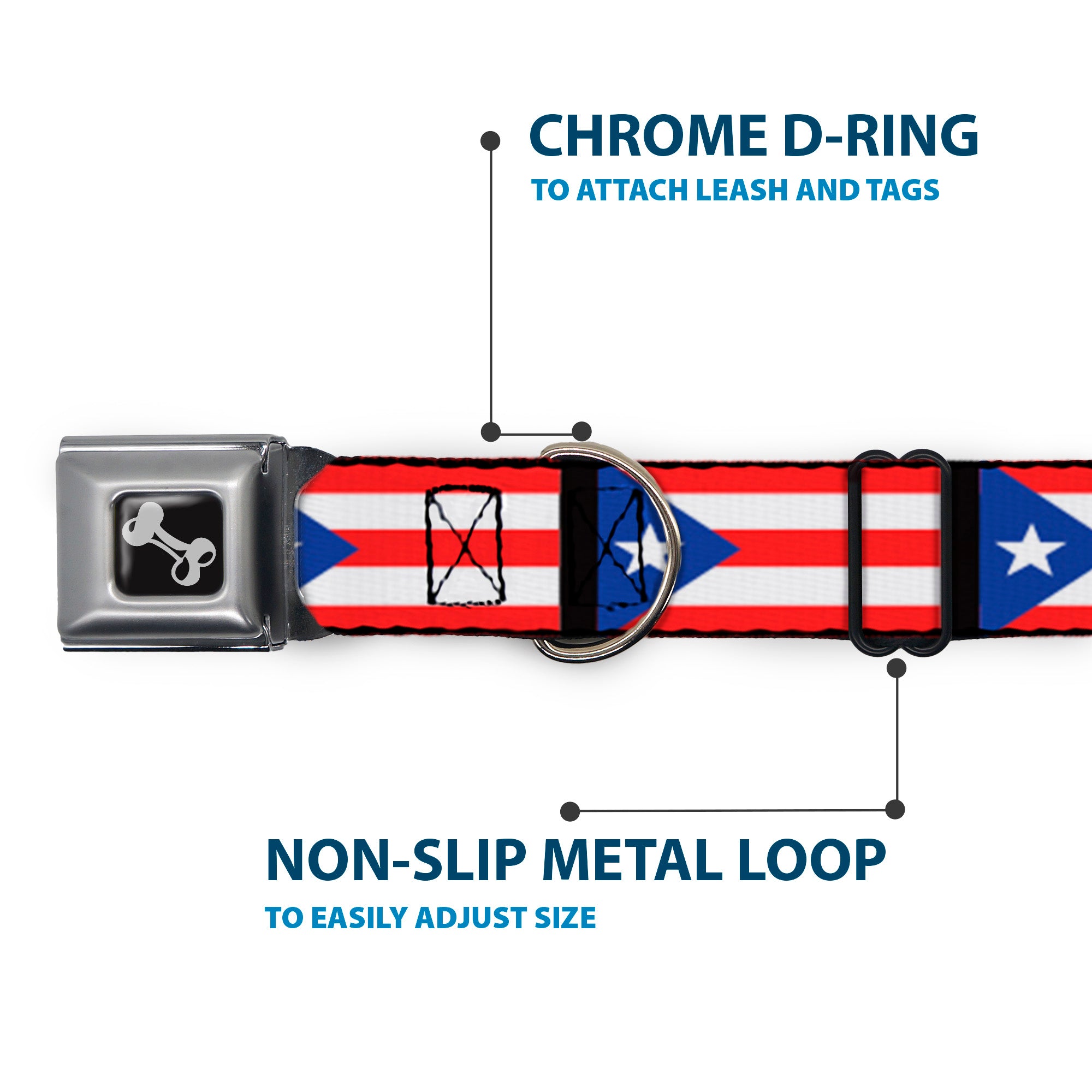 Dog Bone Seatbelt Buckle Collar - Puerto Rico Flag Repeat/Black Seatbelt Buckle Collars Buckle-Down