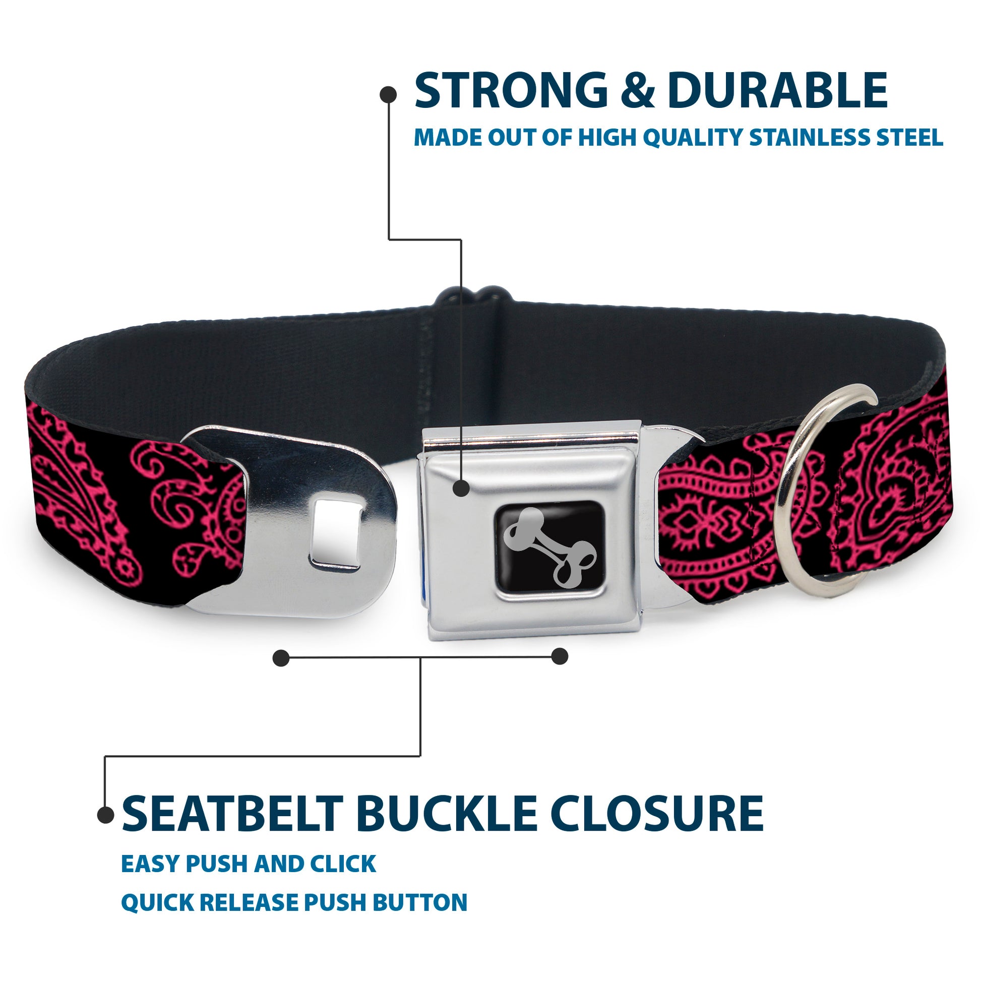 Dog Bone Black/Silver Seatbelt Buckle Collar - Paisley Black/Neon Pink Seatbelt Buckle Collars Buckle-Down