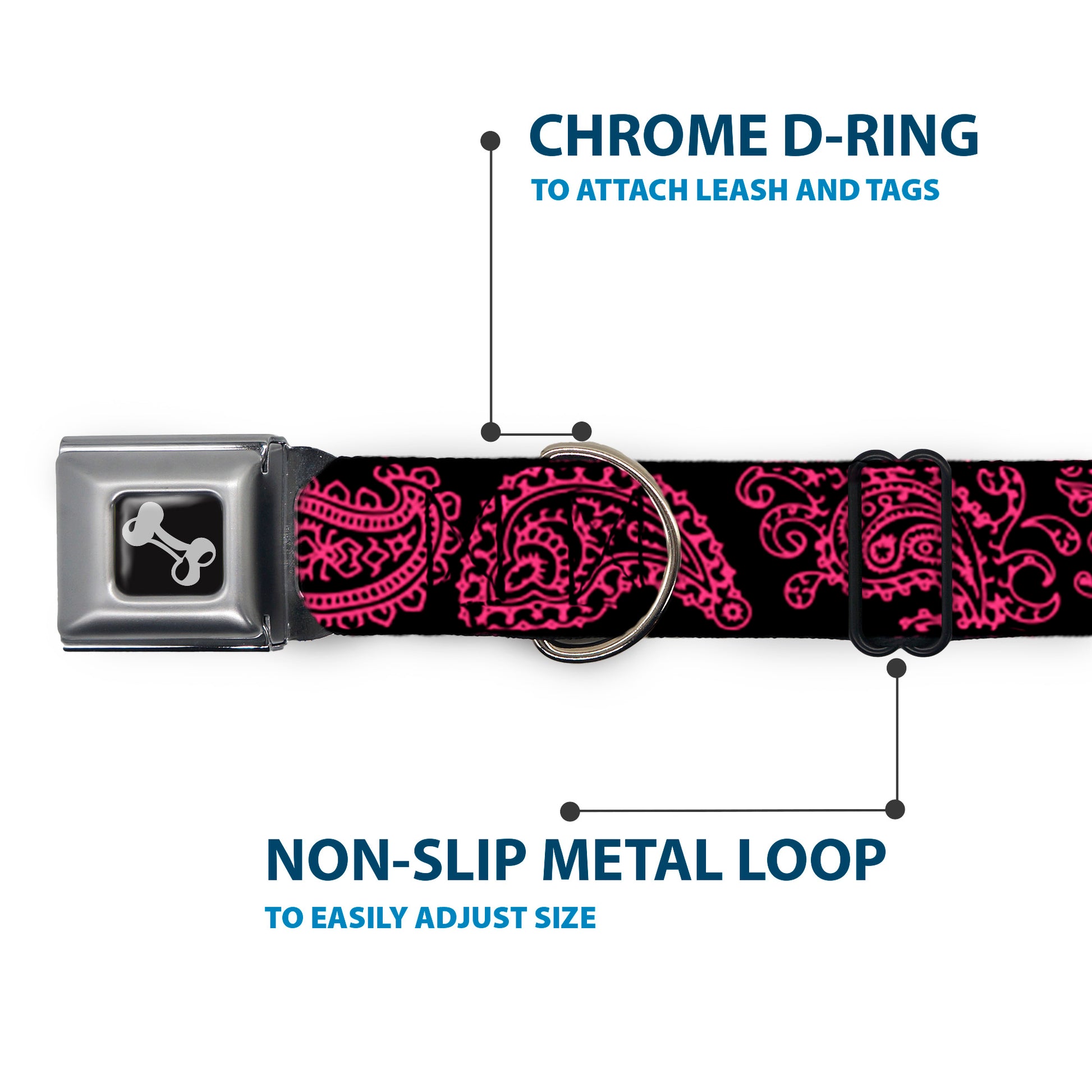 Dog Bone Black/Silver Seatbelt Buckle Collar - Paisley Black/Neon Pink Seatbelt Buckle Collars Buckle-Down