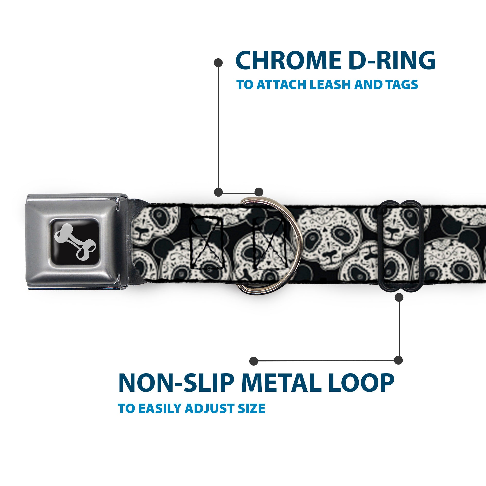 Dog Bone Seatbelt Buckle Collar - Panda Bear Sugar Skull Scattered Black/White Seatbelt Buckle Collars Buckle-Down