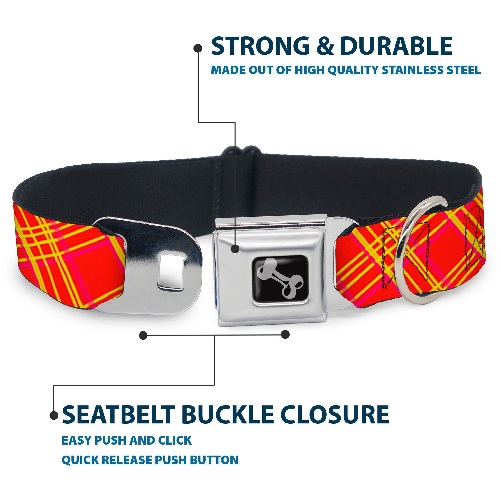 Dog Bone Black/Silver Seatbelt Buckle Collar - Plaid X4 Fluorescent Oranges/Pinks/Yellow Seatbelt Buckle Collars Buckle-Down