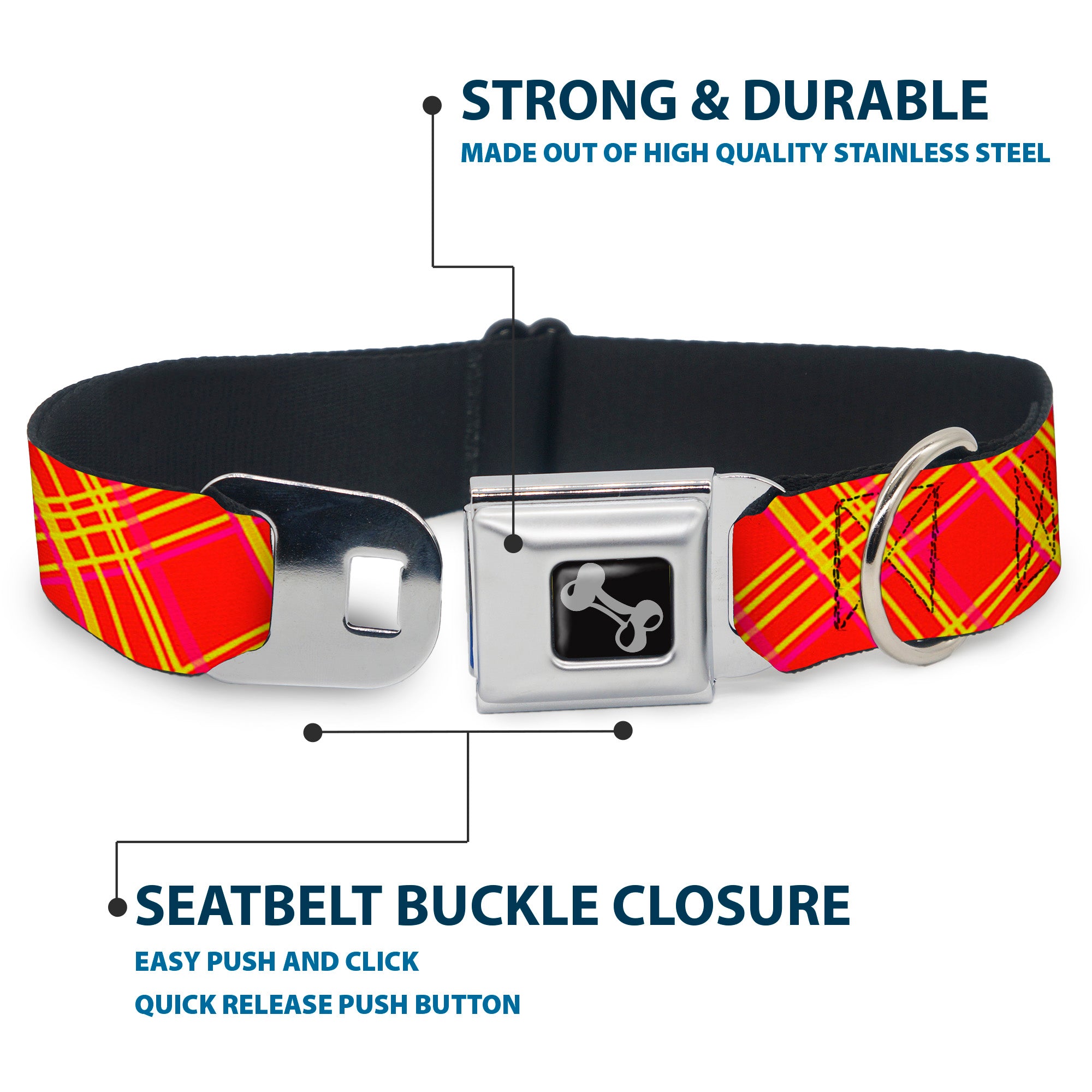 Dog Bone Black/Silver Seatbelt Buckle Collar - Plaid X4 Fluorescent Oranges/Pinks/Yellow Seatbelt Buckle Collars Buckle-Down