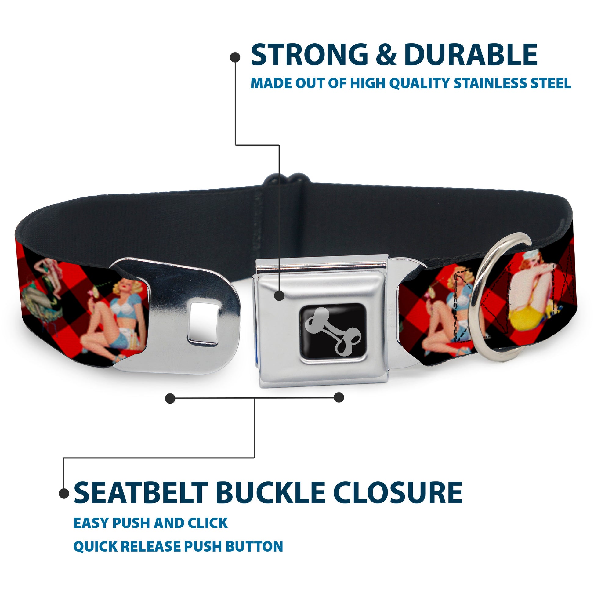 Dog Bone Seatbelt Buckle Collar - Pin Up Girl Poses Buffalo Plaid Blocks Black/Red Seatbelt Buckle Collars Buckle-Down