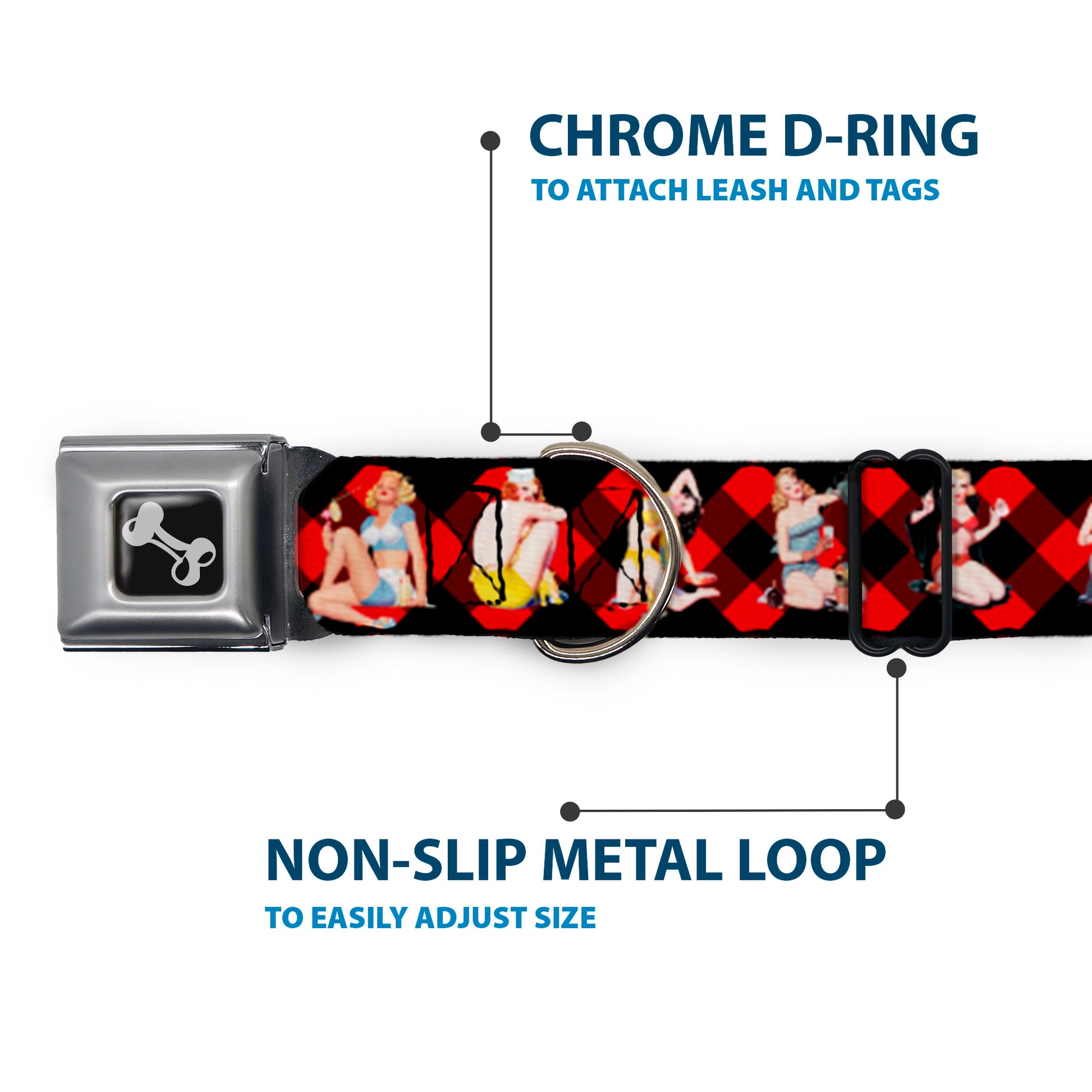 Dog Bone Seatbelt Buckle Collar - Pin Up Girl Poses Buffalo Plaid Blocks Black/Red Seatbelt Buckle Collars Buckle-Down