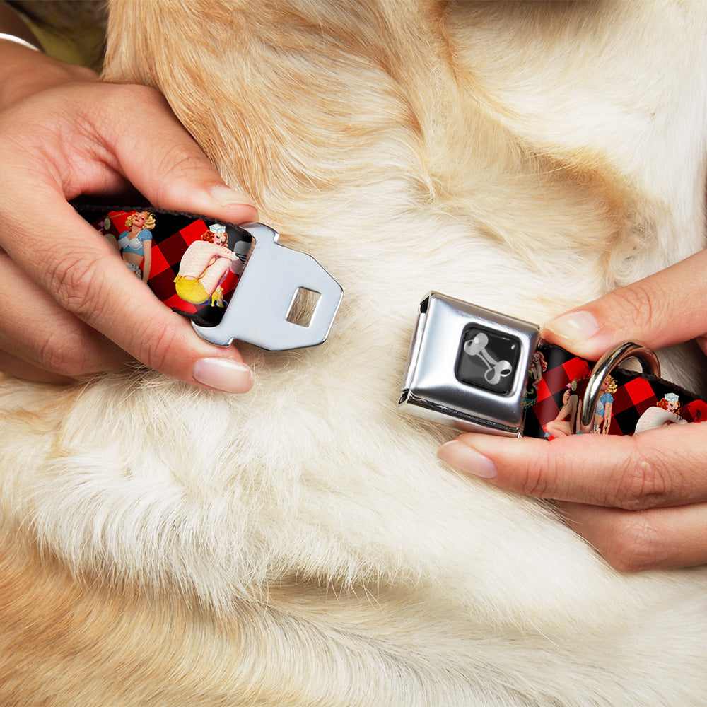 Dog Bone Seatbelt Buckle Collar - Pin Up Girl Poses Buffalo Plaid Blocks Black/Red Seatbelt Buckle Collars Buckle-Down