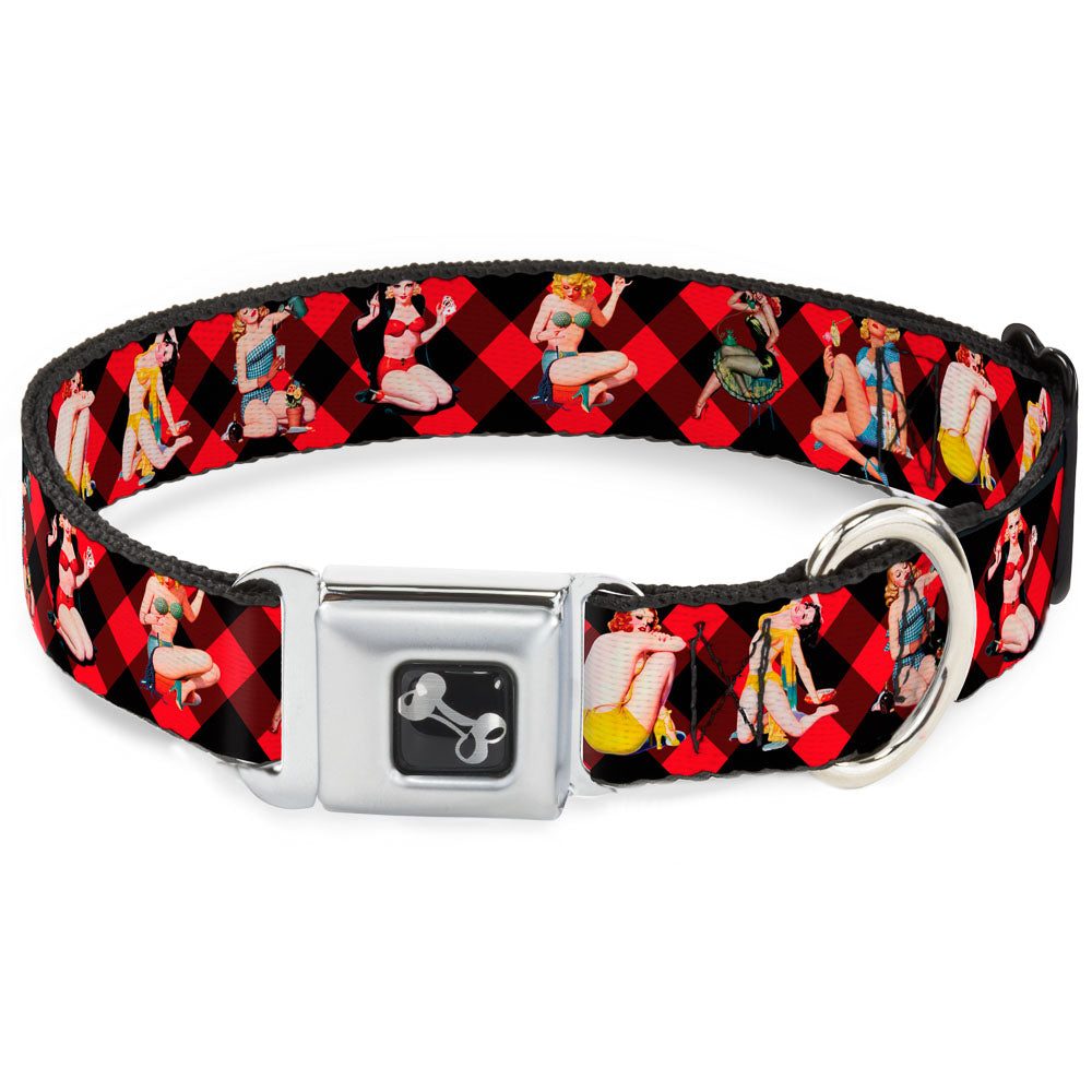 Dog Bone Seatbelt Buckle Collar - Pin Up Girl Poses Buffalo Plaid Blocks Black/Red Seatbelt Buckle Collars Buckle-Down