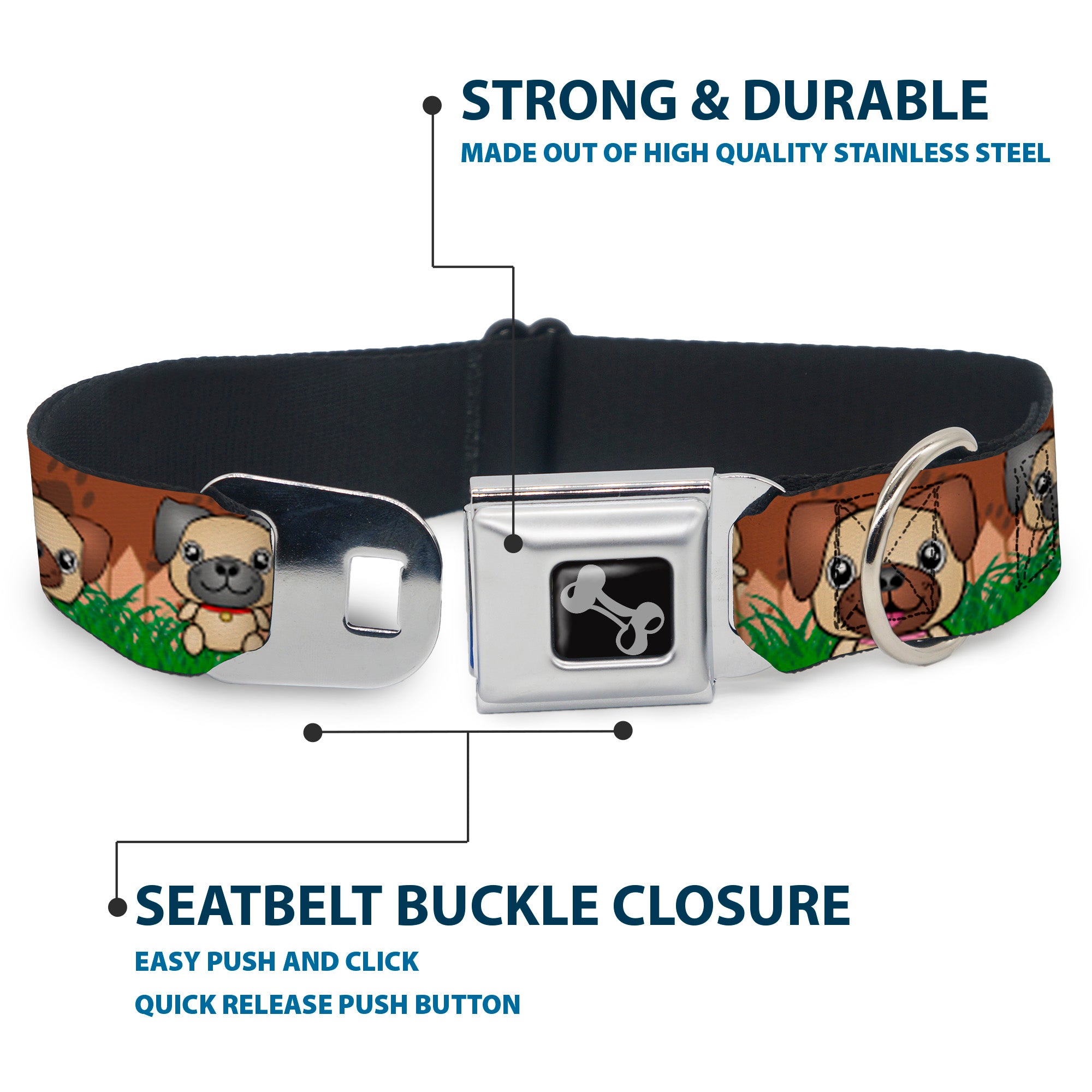 Dog Bone Seatbelt Buckle Collar - Pug Puppies/Paw Prints Browns/Greens Seatbelt Buckle Collars Buckle-Down