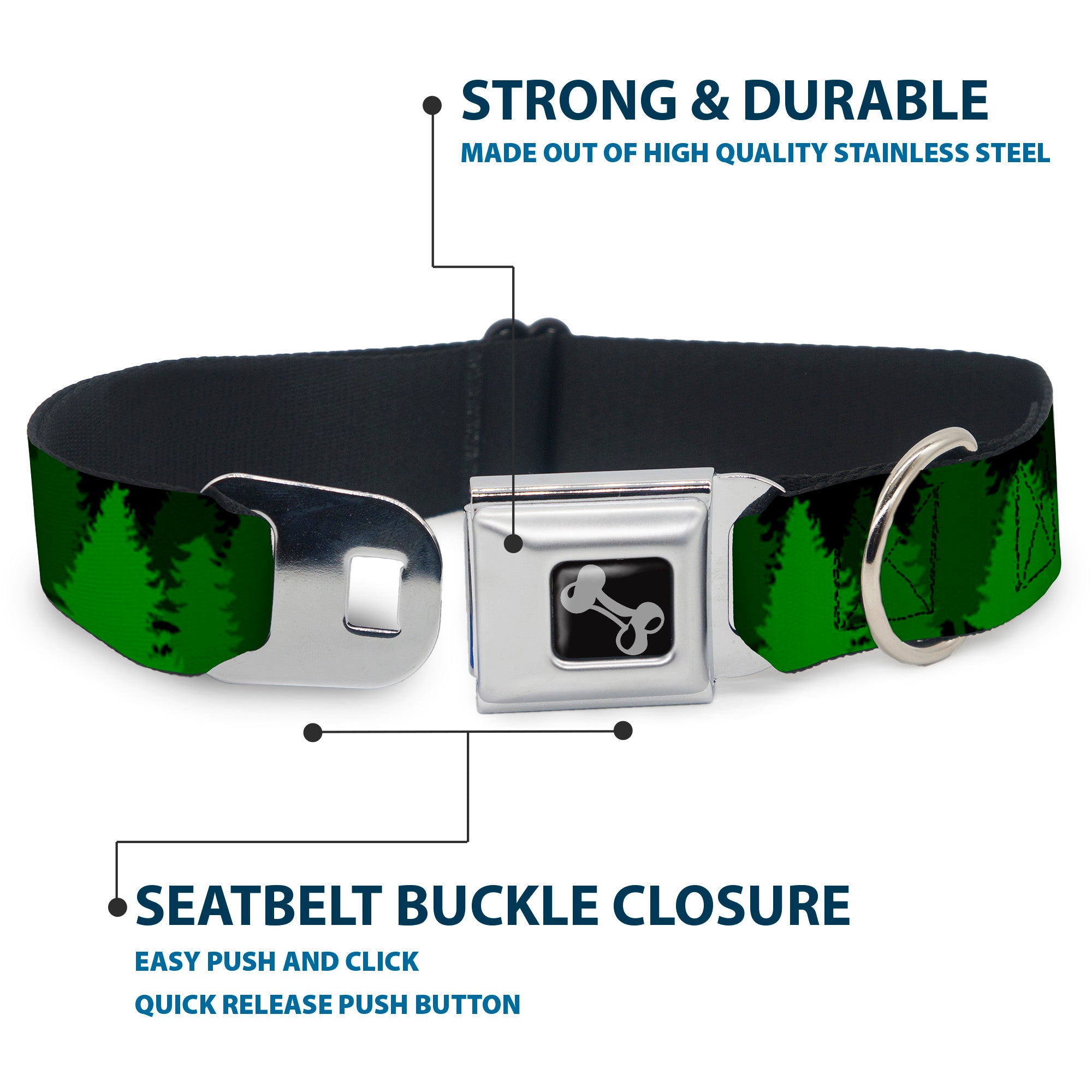 Dog Bone Seatbelt Buckle Collar - Pine Tree Silhouettes Black/Greens Seatbelt Buckle Collars Buckle-Down