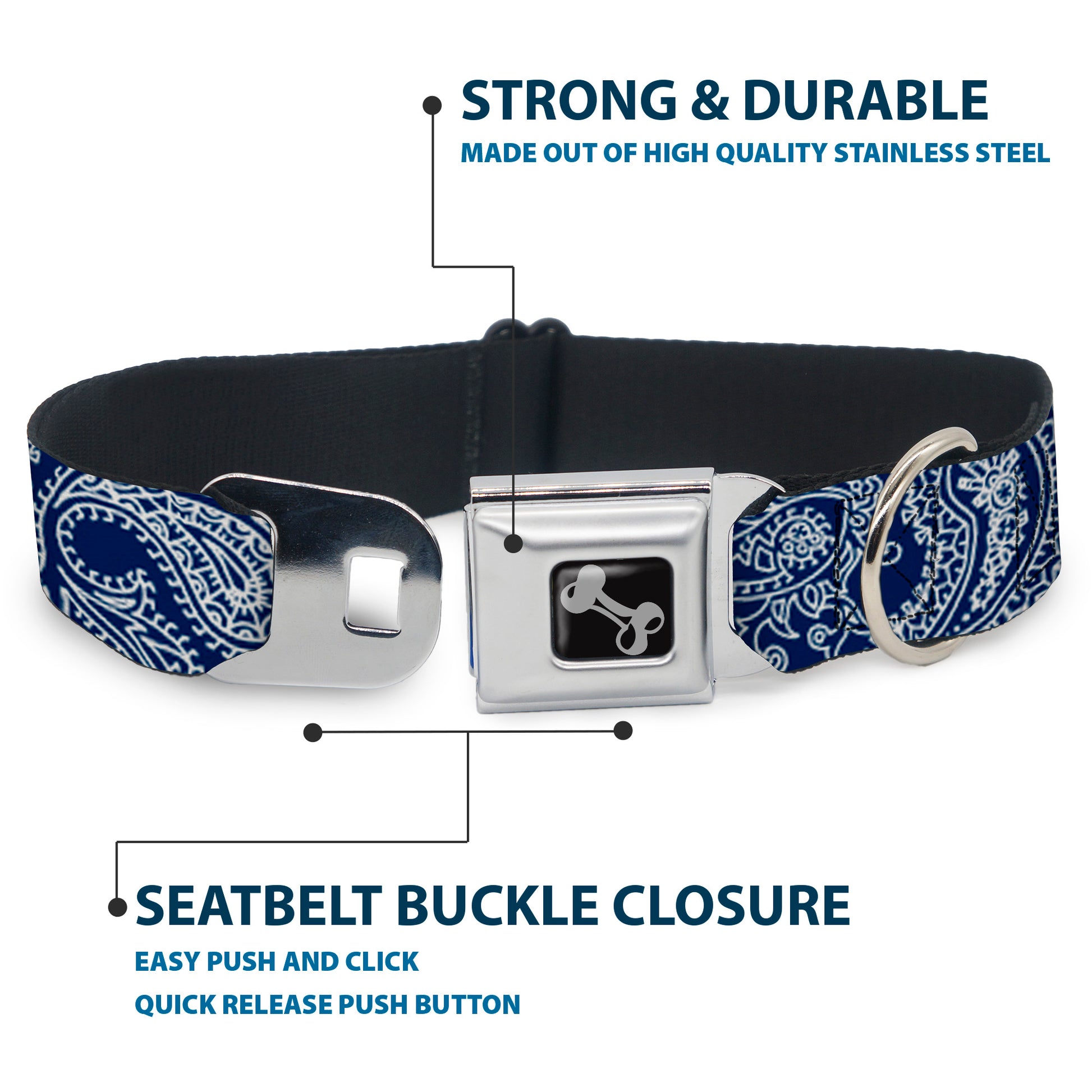 Dog Bone Seatbelt Buckle Collar - Paisley Blue/White Seatbelt Buckle Collars Buckle-Down