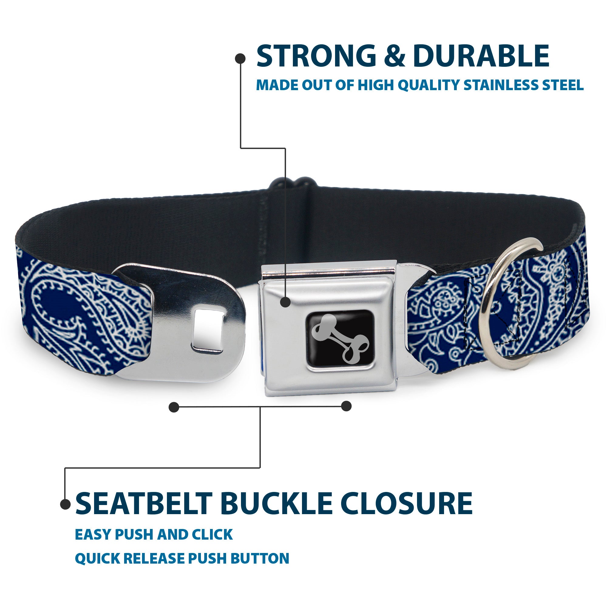 Dog Bone Seatbelt Buckle Collar - Paisley Blue/White Seatbelt Buckle Collars Buckle-Down