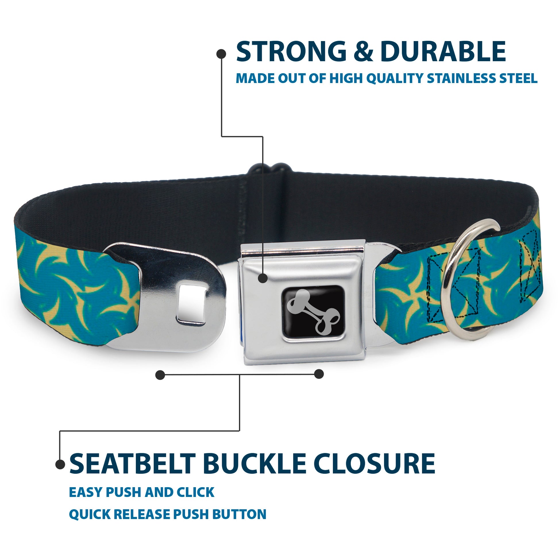 Dog Bone Seatbelt Buckle Collar - Pinwheel Plumes Beige/Turquoise Seatbelt Buckle Collars Buckle-Down