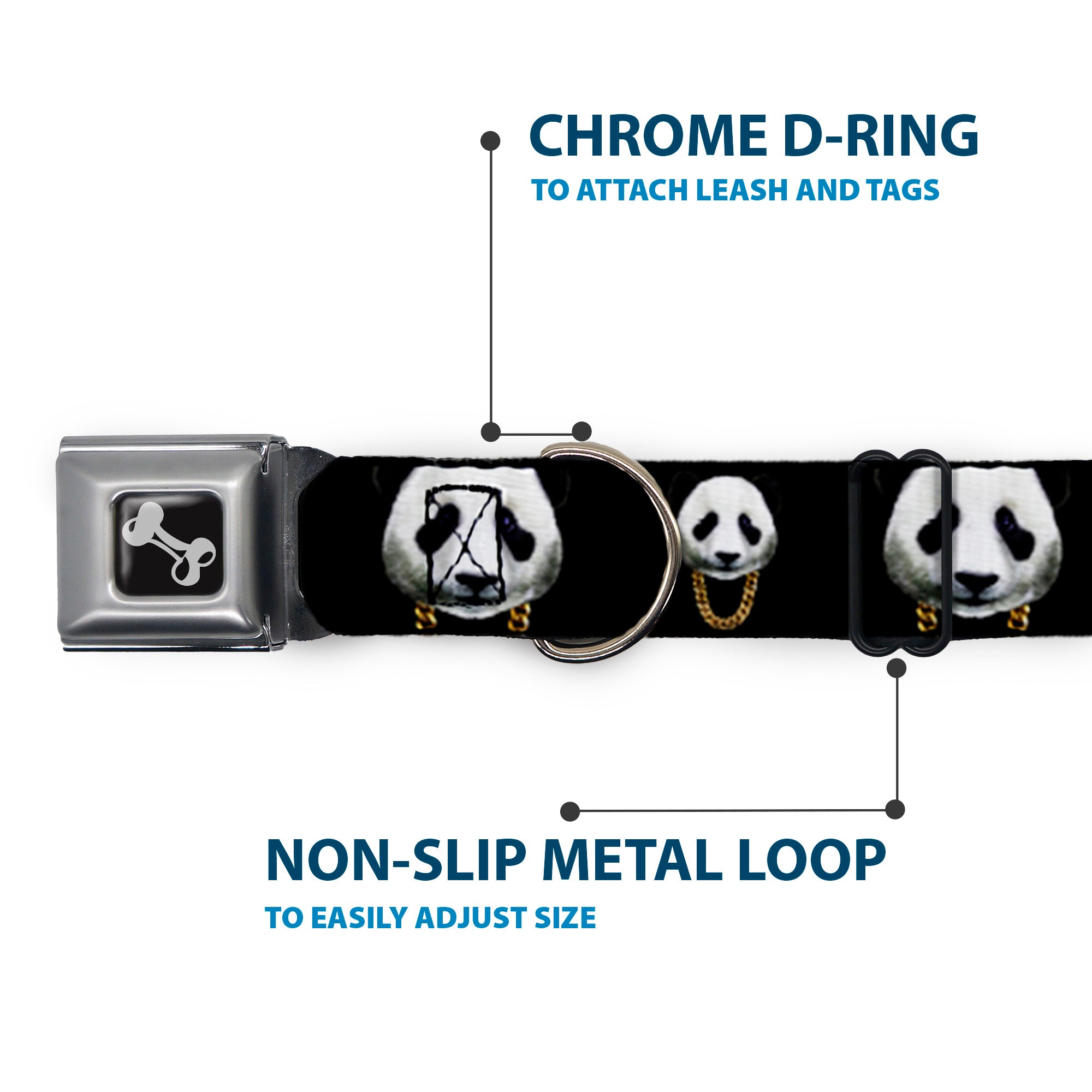 Dog Bone Seatbelt Buckle Collar - Panda w/Gold Chain Black Seatbelt Buckle Collars Buckle-Down