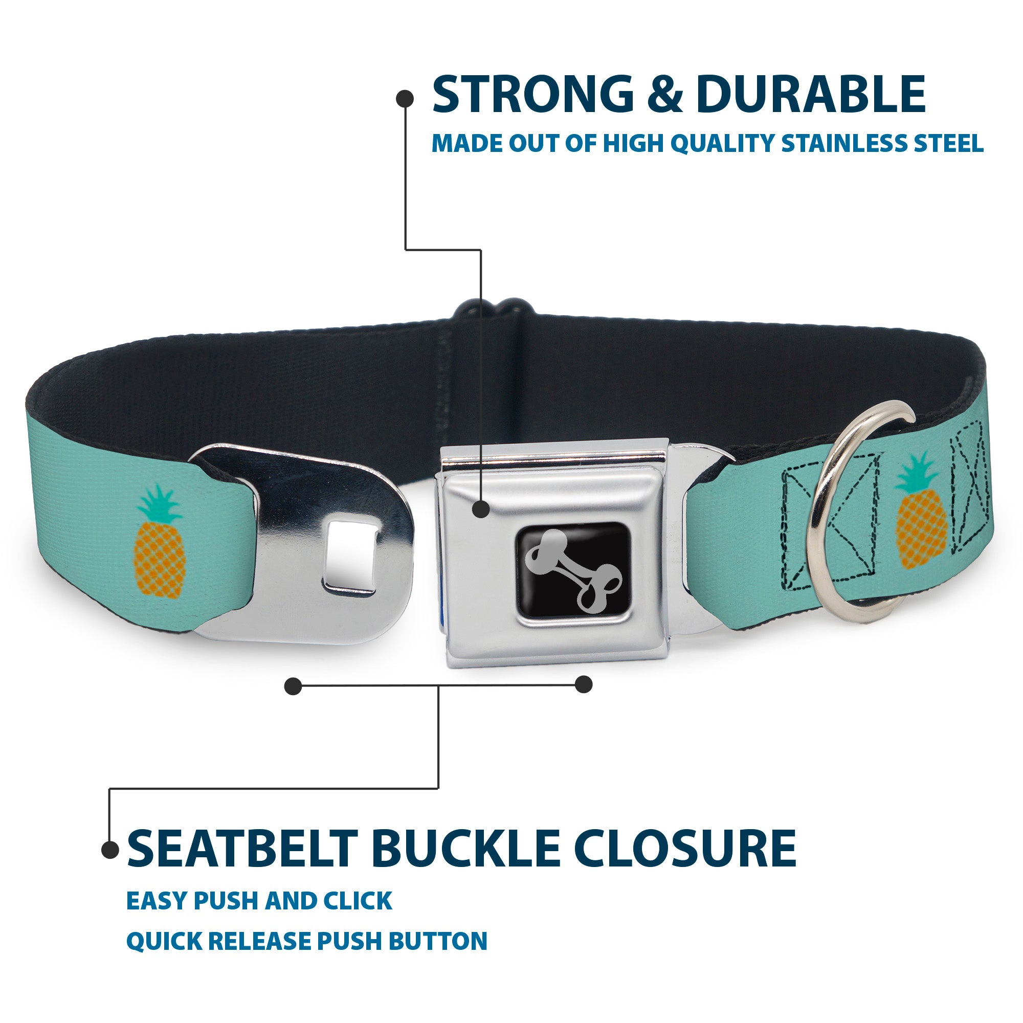 Dog Bone Seatbelt Buckle Collar - Pineapple Repeat Aqua Blue Seatbelt Buckle Collars Buckle-Down