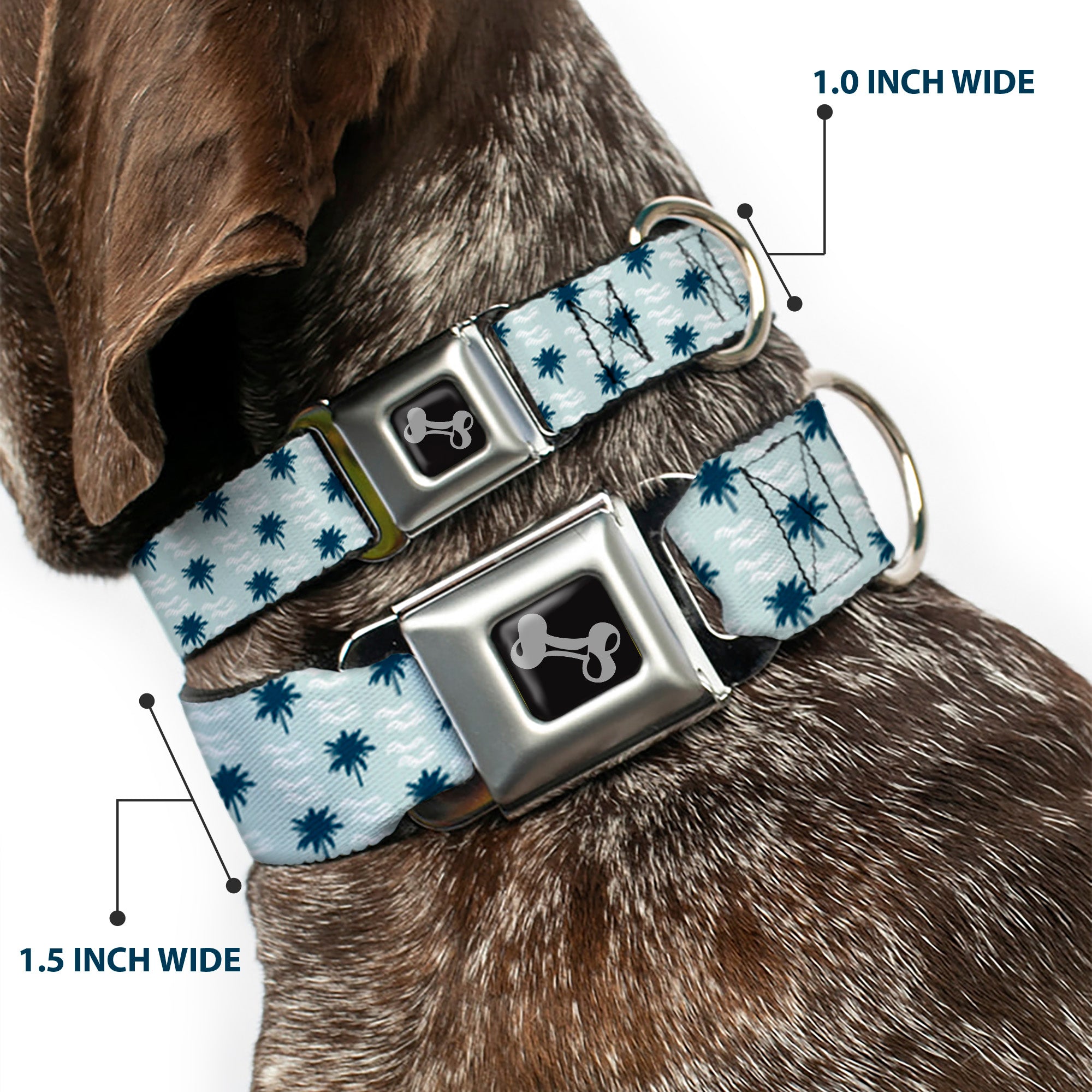 Dog Bone Seatbelt Buckle Collar - Palm Trees & Waves Monogram Blues/White Seatbelt Buckle Collars Buckle-Down