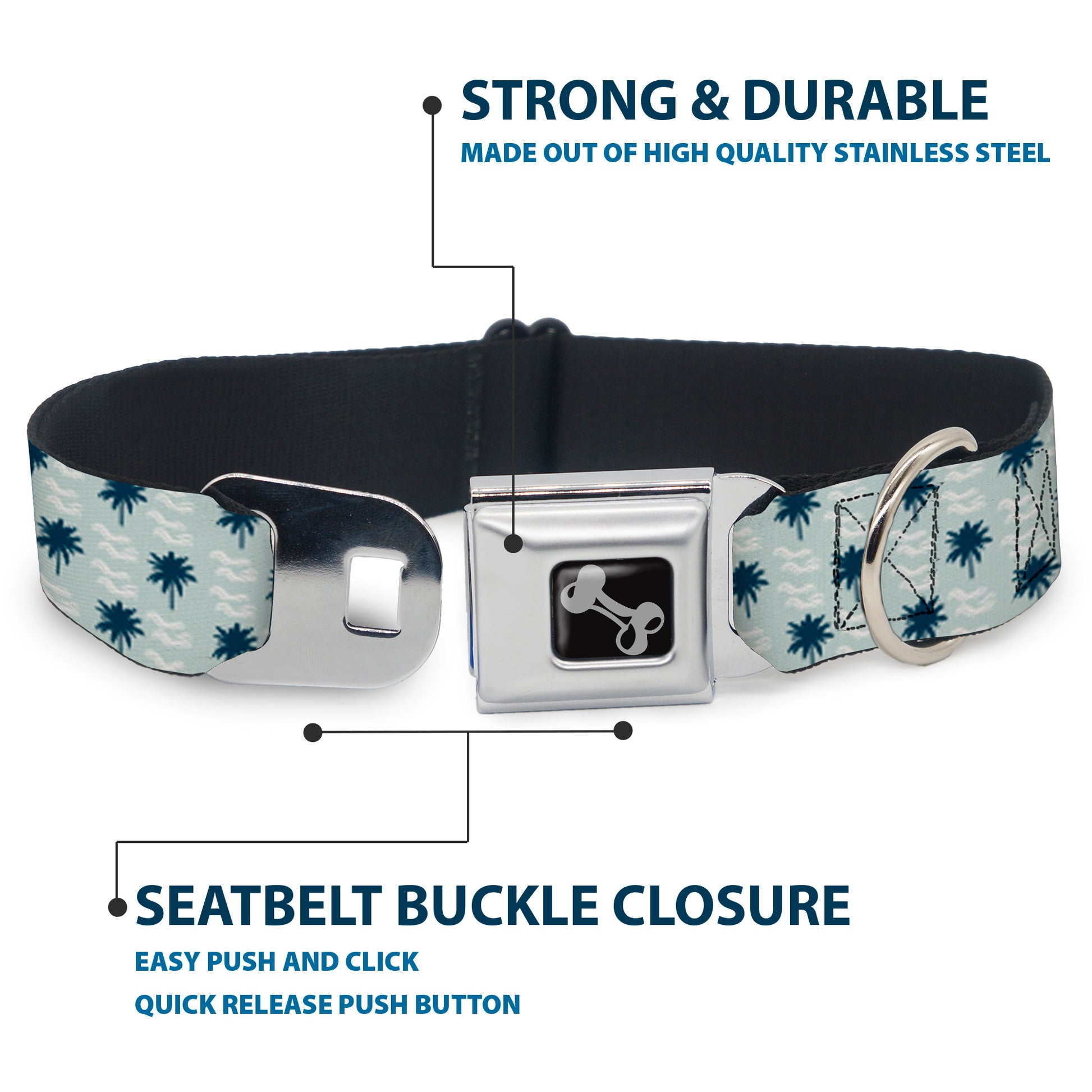 Dog Bone Seatbelt Buckle Collar - Palm Trees & Waves Monogram Blues/White Seatbelt Buckle Collars Buckle-Down