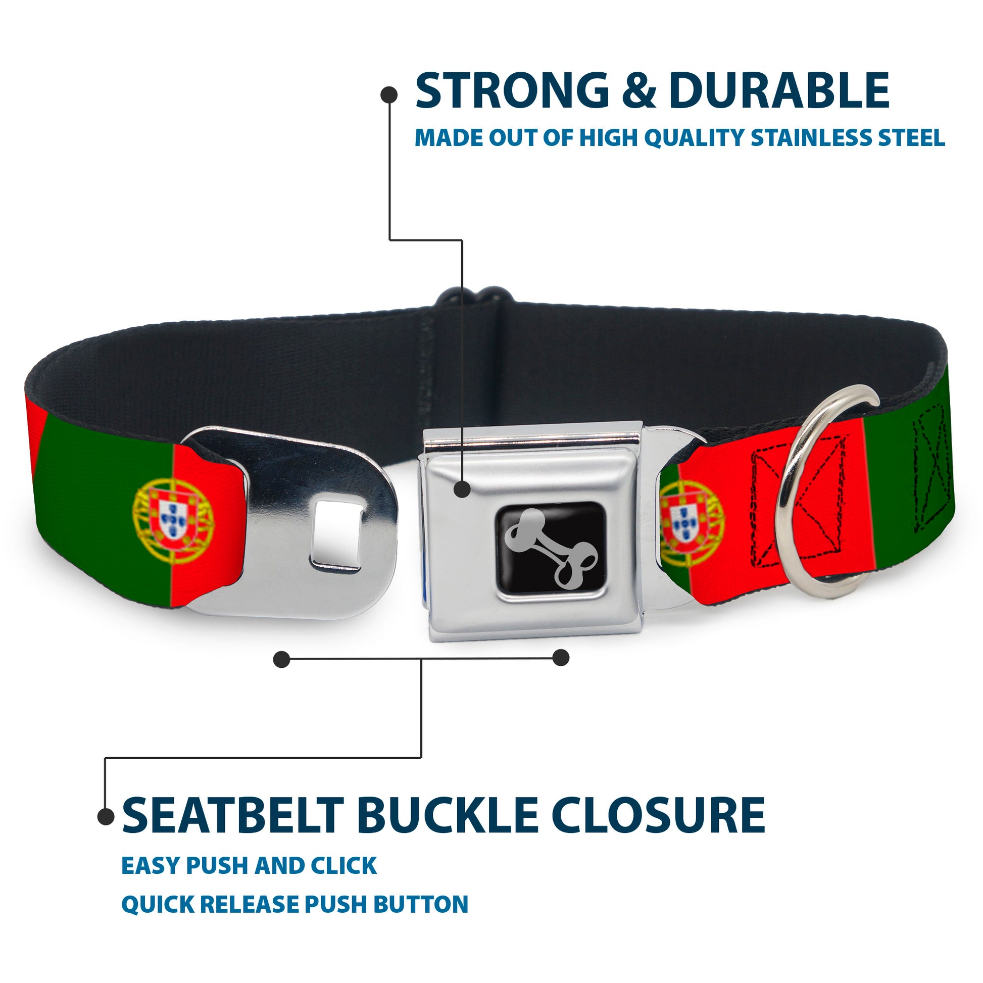 Dog Bone Black/Silver Seatbelt Buckle Collar - Portugal Flag Green/Red Seatbelt Buckle Collars Buckle-Down
