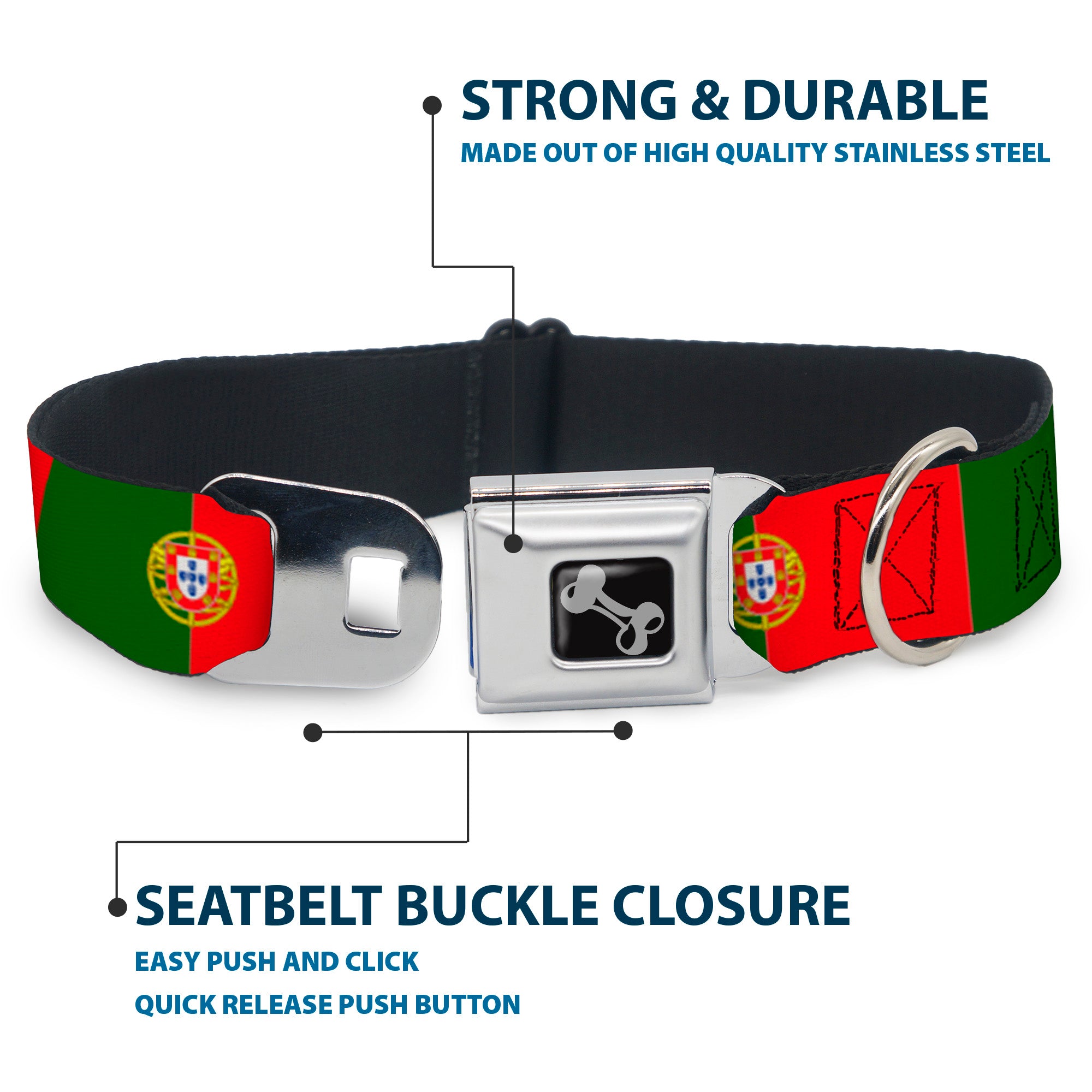 Dog Bone Black/Silver Seatbelt Buckle Collar - Portugal Flag Green/Red Seatbelt Buckle Collars Buckle-Down