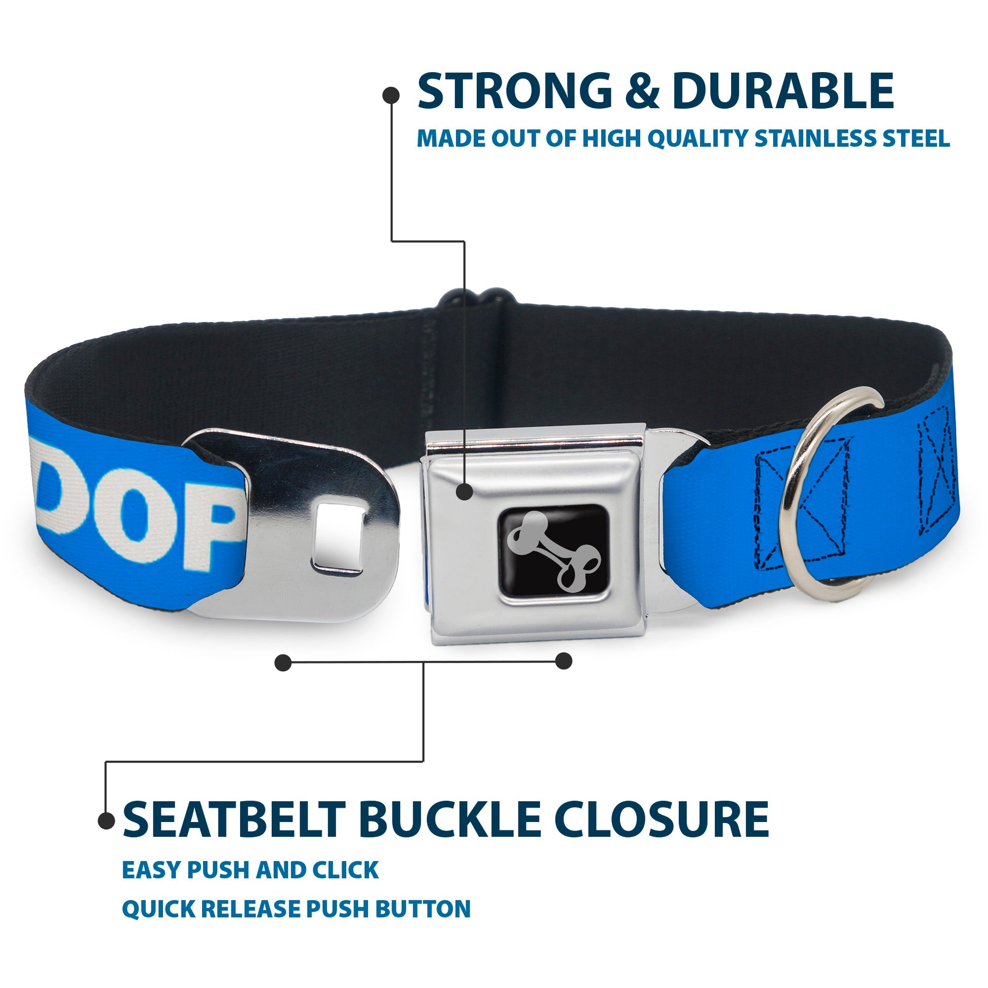 Dog Bone Black/Silver Seatbelt Buckle Collar - Pet Quote ADOPT DON'T SHOP Blue/White Seatbelt Buckle Collars Buckle-Down