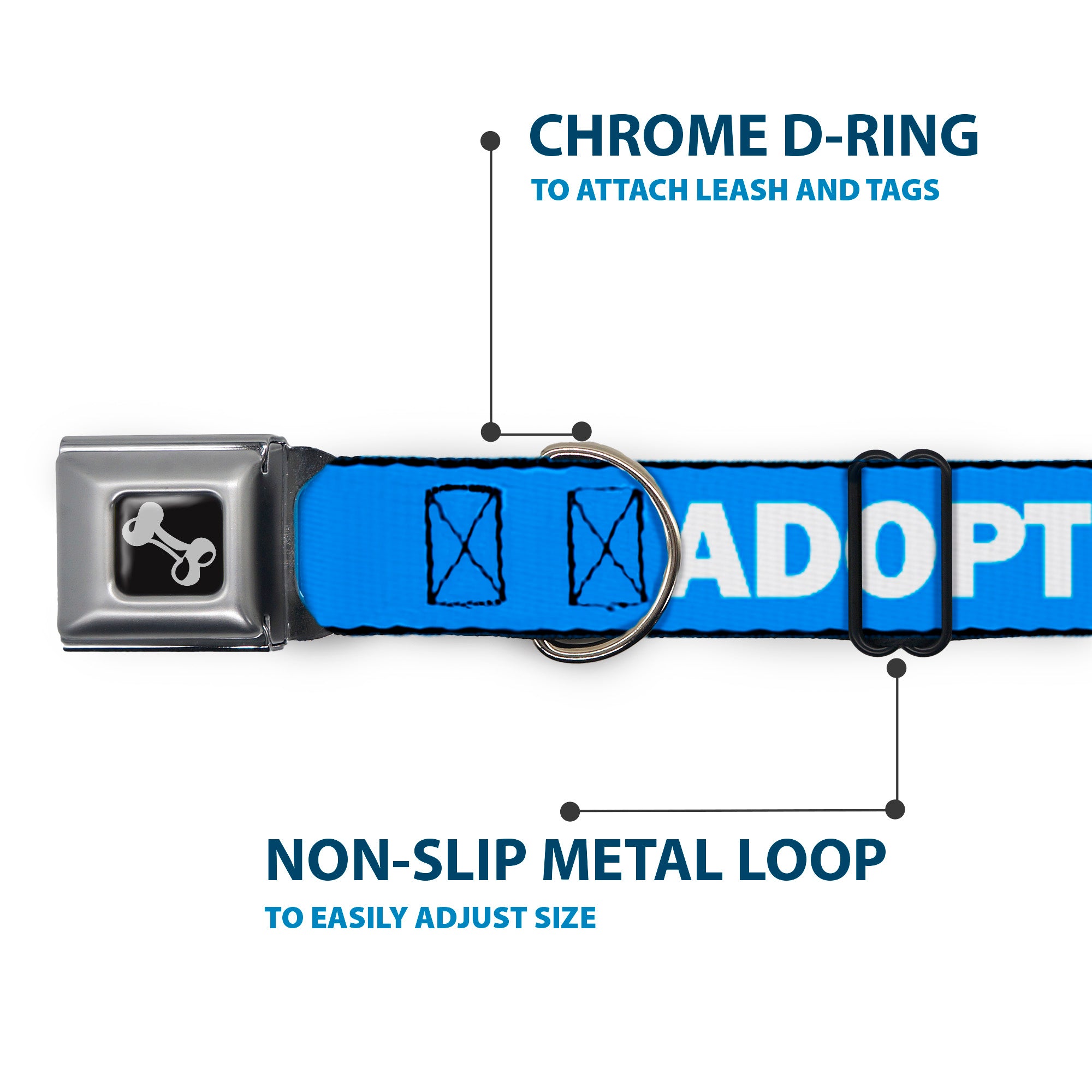 Dog Bone Black/Silver Seatbelt Buckle Collar - Pet Quote ADOPT DON'T SHOP Blue/White Seatbelt Buckle Collars Buckle-Down