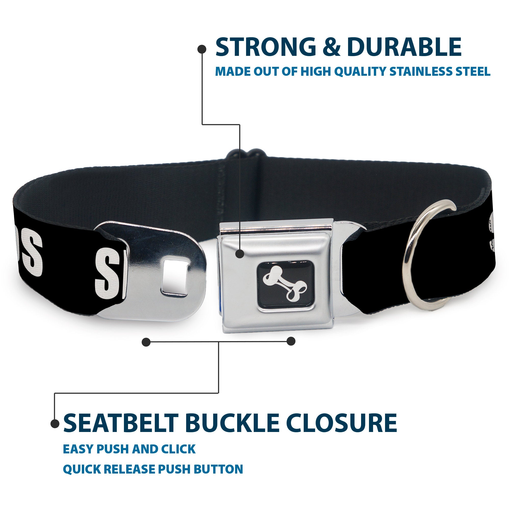 Dog Bone Black/Silver Seatbelt Buckle Collar - Pet Quote SPECIAL NEEDS Black/White Seatbelt Buckle Collars Buckle-Down