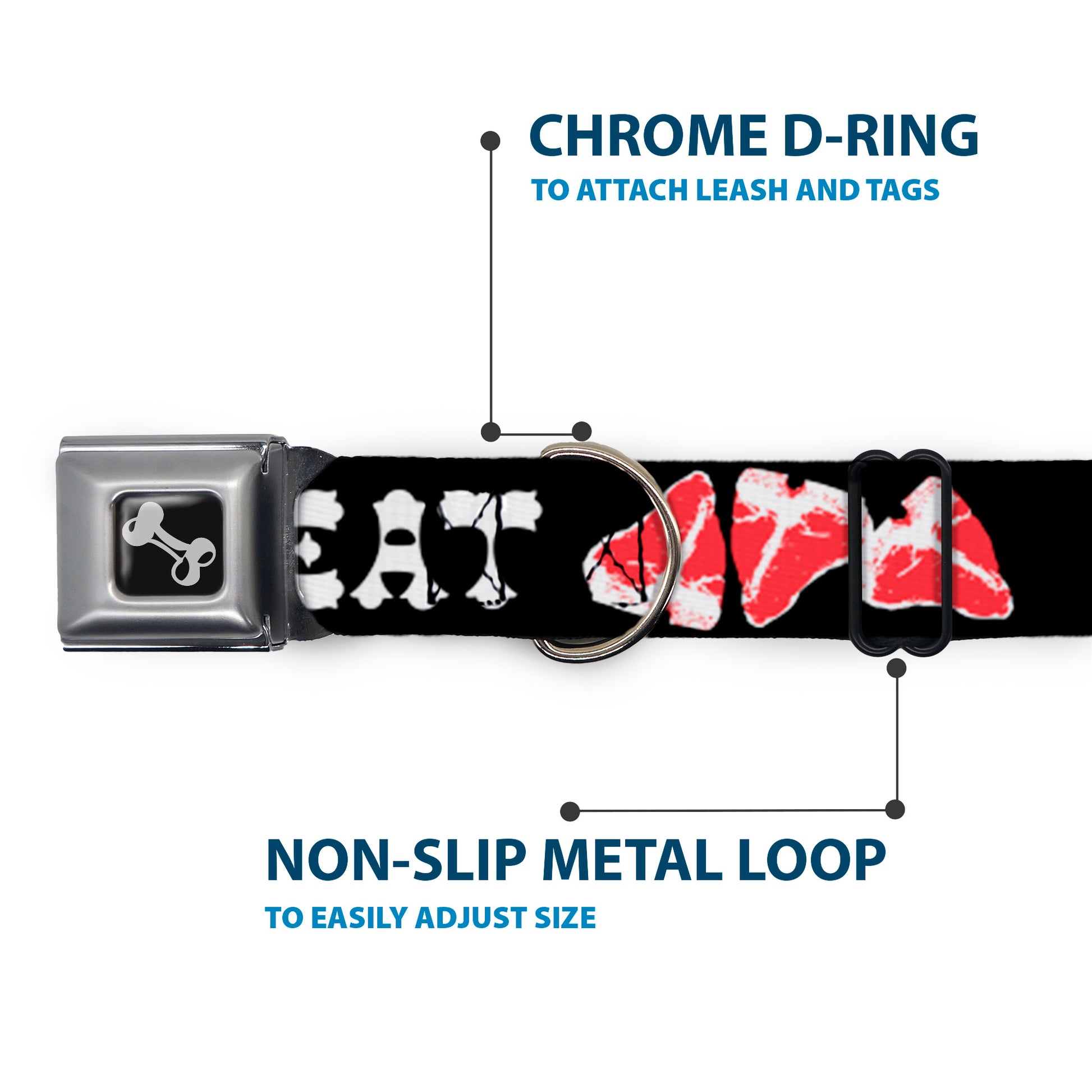 Dog Bone Seatbelt Buckle Collar - Steaks w/MEAT Text Seatbelt Buckle Collars Buckle-Down