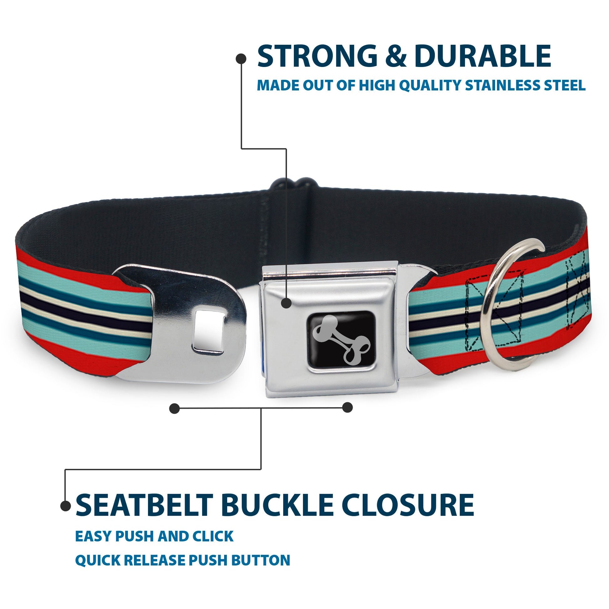 Dog Bone Seatbelt Buckle Collar - Stripes Red/Blues/White Seatbelt Buckle Collars Buckle-Down