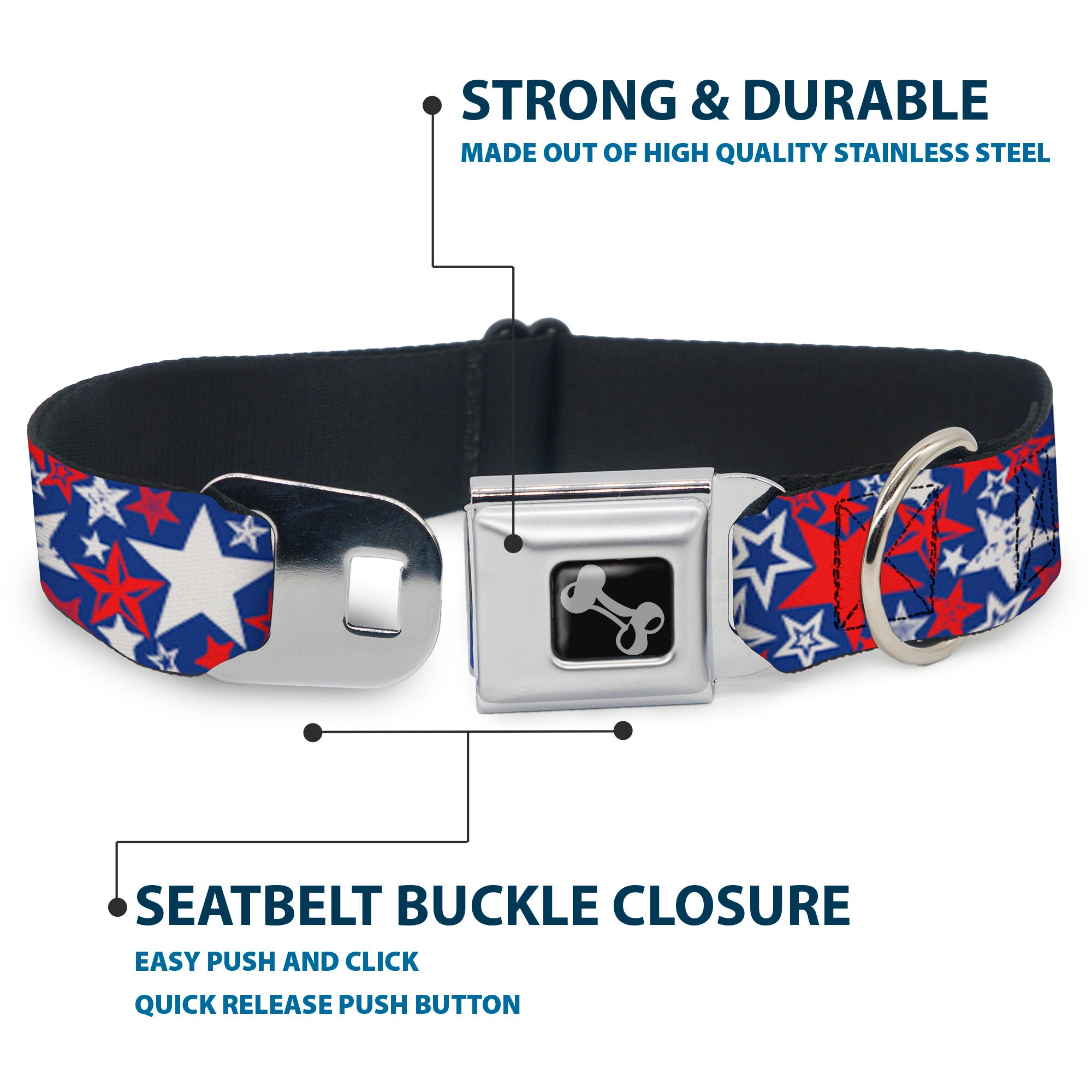 Dog Bone Seatbelt Buckle Collar - Stargazer Blue/White/Red Seatbelt Buckle Collars Buckle-Down
