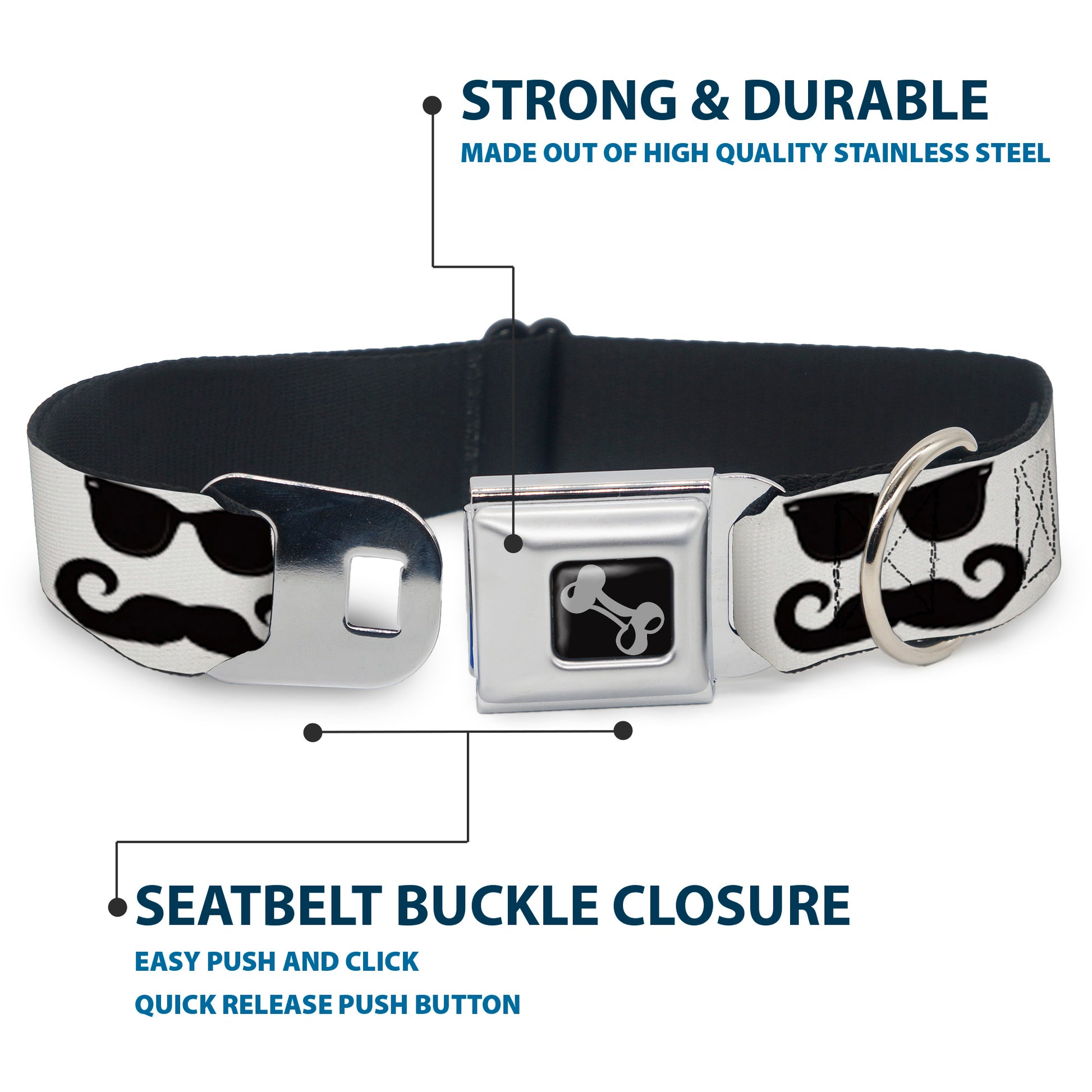 Dog Bone Seatbelt Buckle Collar - Sunglasses & Mustache White/Black Seatbelt Buckle Collars Buckle-Down