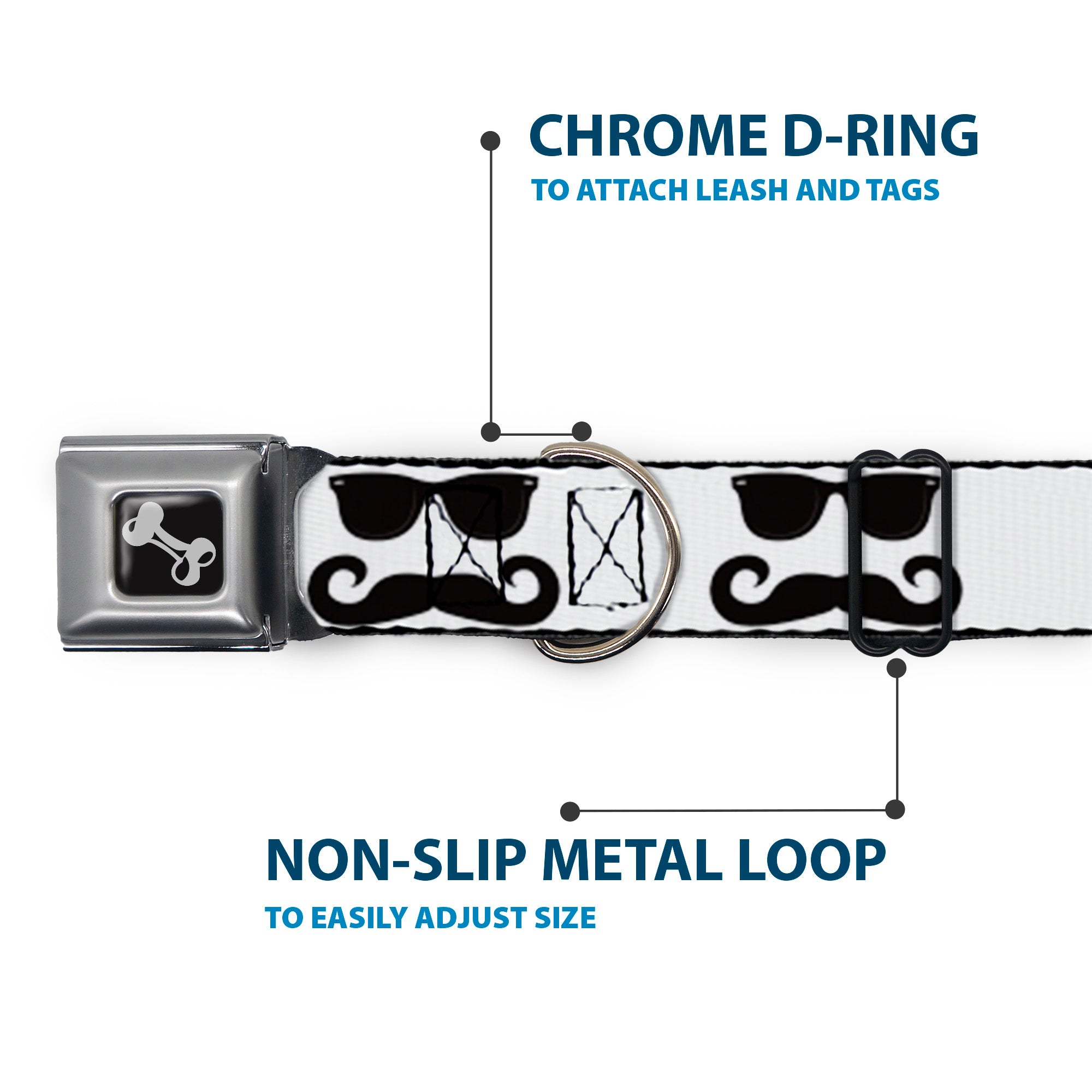 Dog Bone Seatbelt Buckle Collar - Sunglasses & Mustache White/Black Seatbelt Buckle Collars Buckle-Down