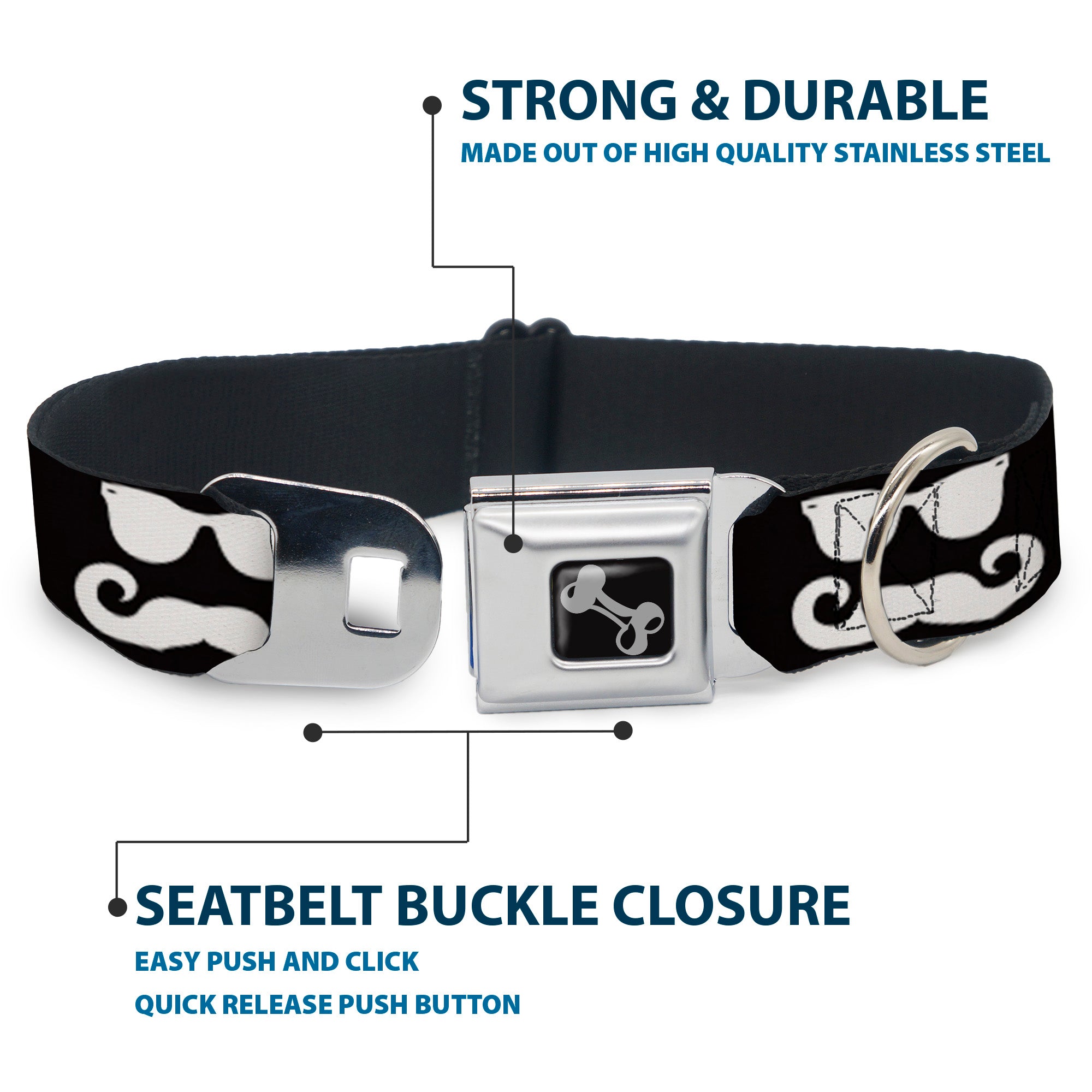 Dog Bone Seatbelt Buckle Collar - Sunglasses & Mustache Black/White Seatbelt Buckle Collars Buckle-Down
