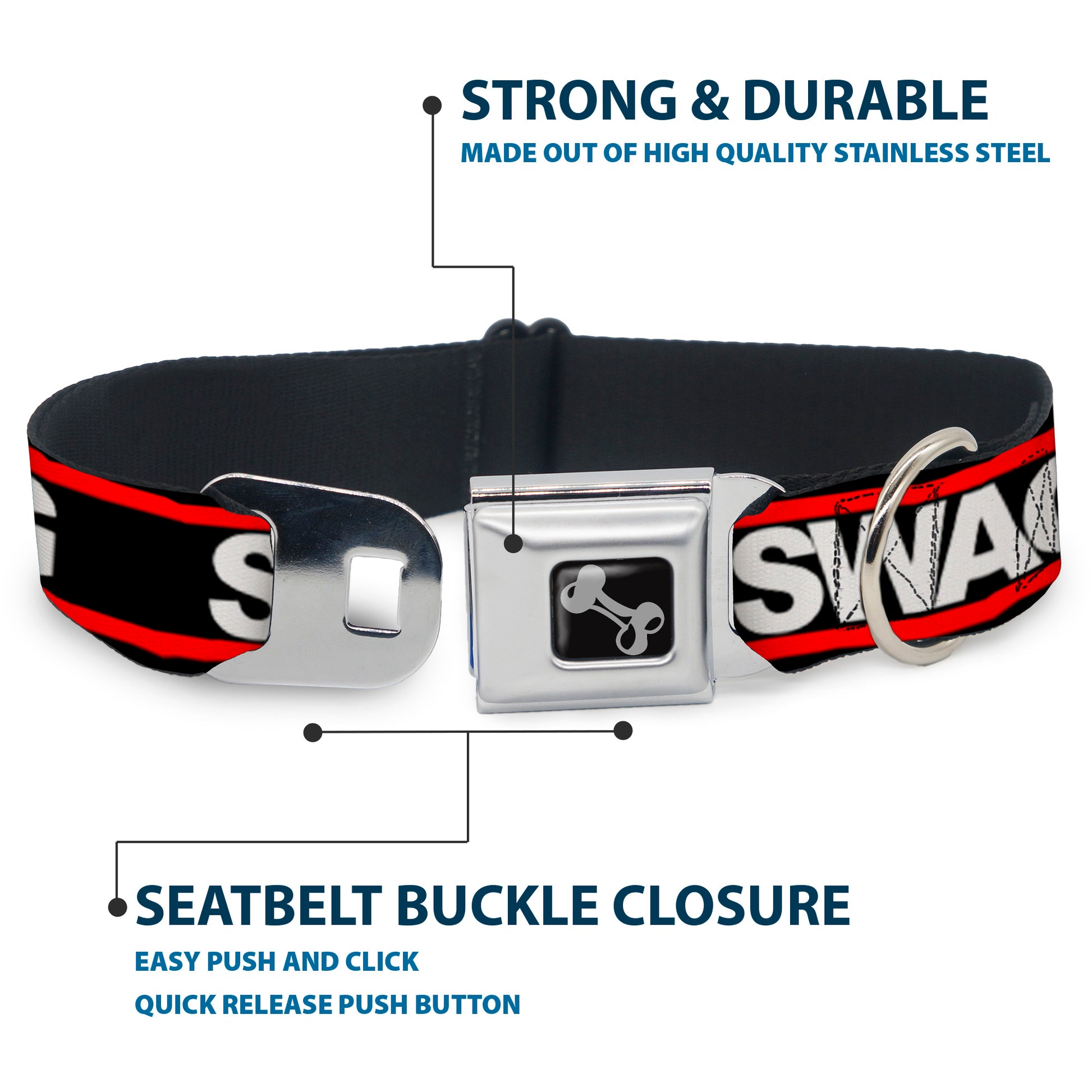 Dog Bone Seatbelt Buckle Collar - SWAGG Black/White/Red Stripe Seatbelt Buckle Collars Buckle-Down