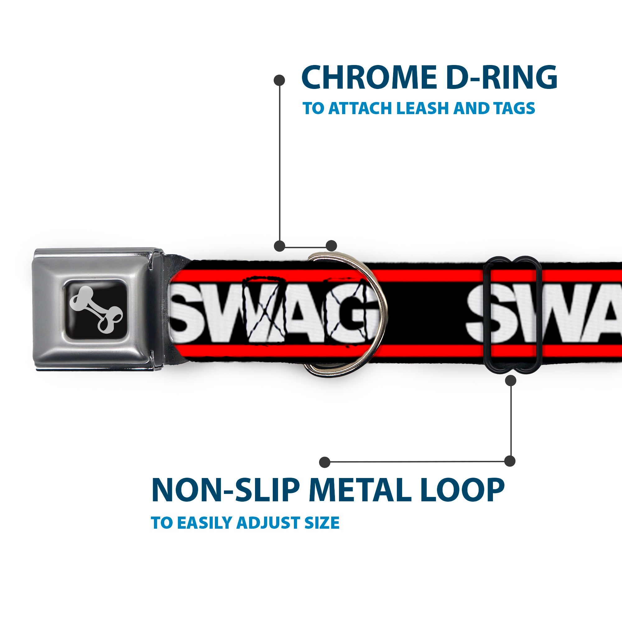 Dog Bone Seatbelt Buckle Collar - SWAGG Black/White/Red Stripe Seatbelt Buckle Collars Buckle-Down