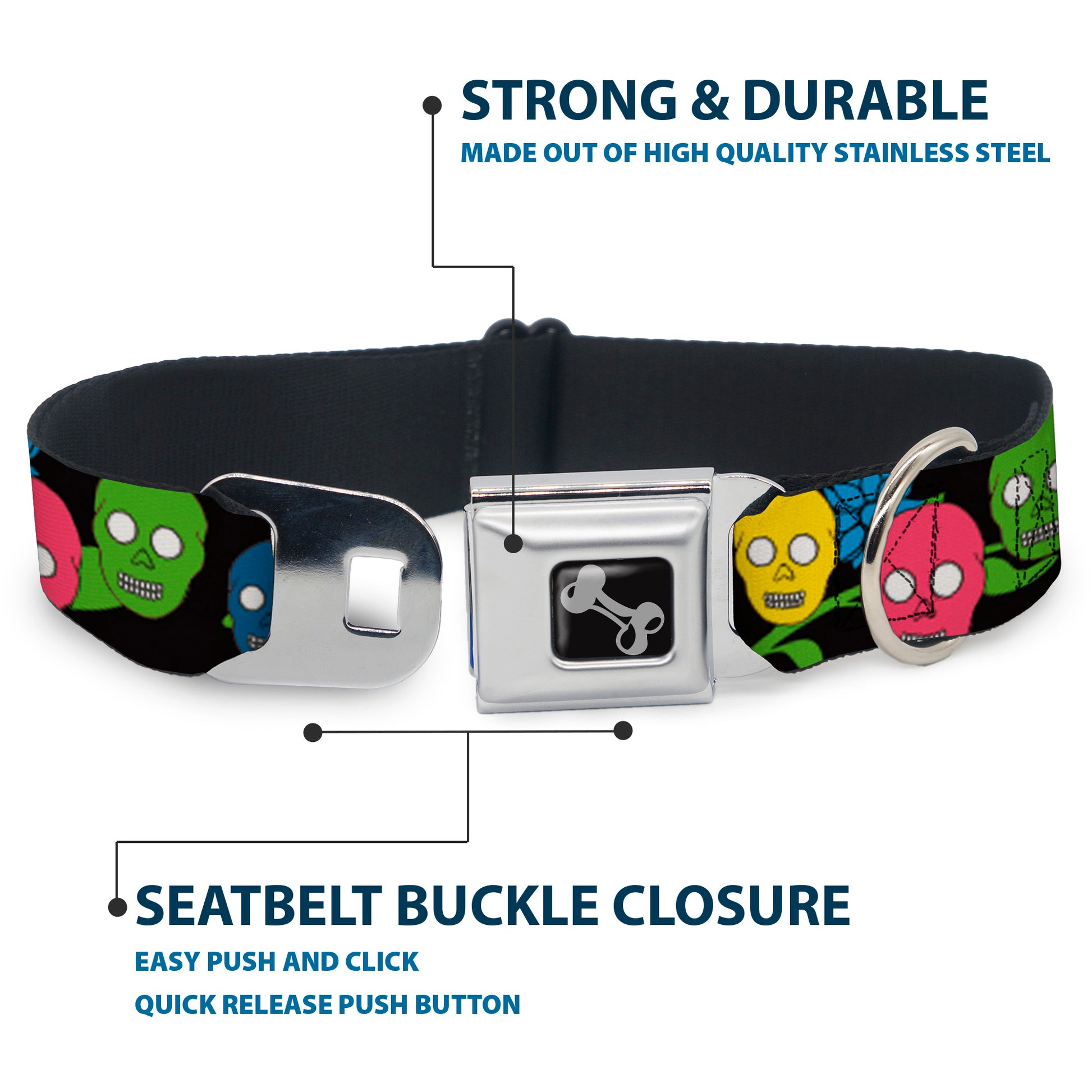 Dog Bone Seatbelt Buckle Collar - Skulls & Flowers Black/Multi Color Seatbelt Buckle Collars Buckle-Down