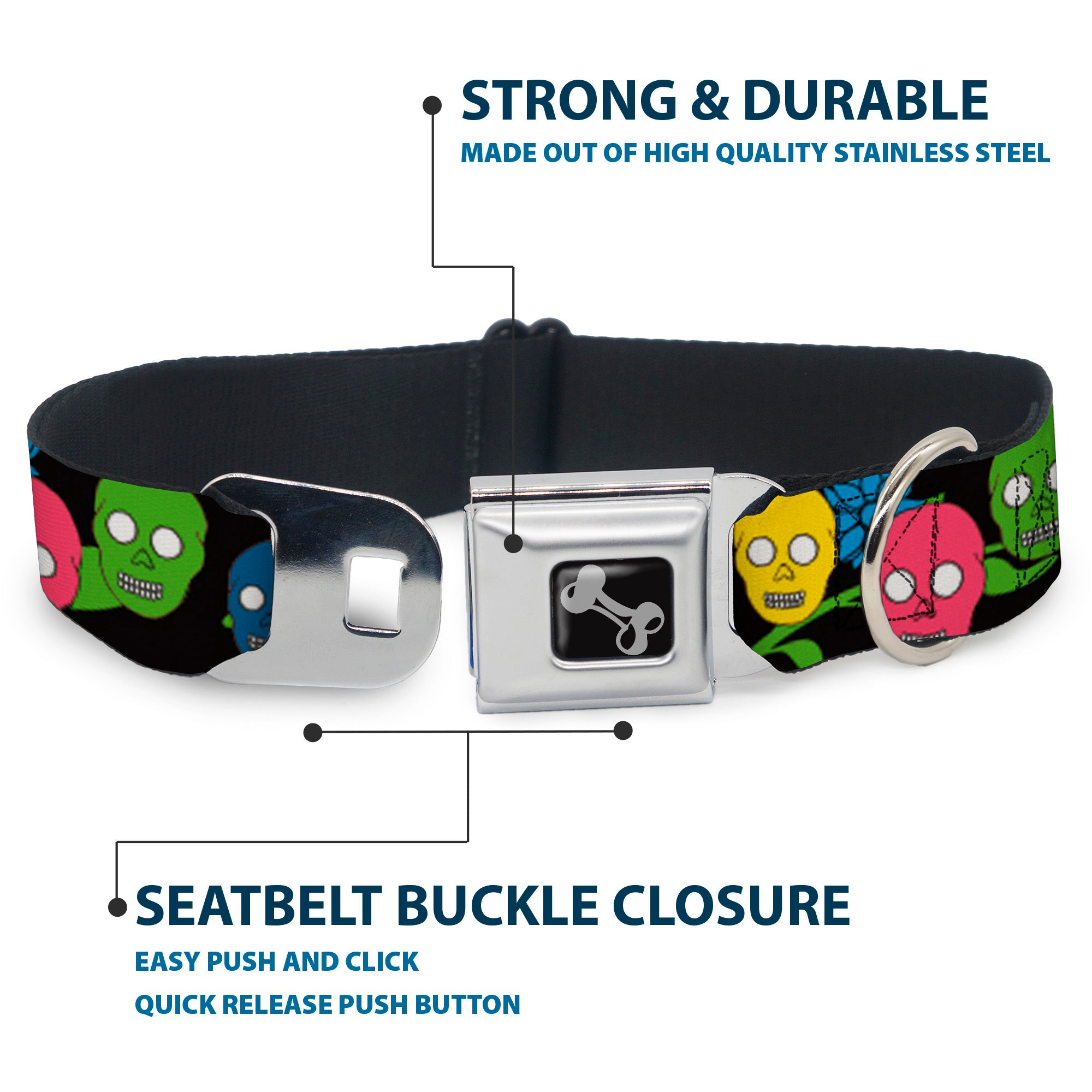 Dog Bone Seatbelt Buckle Collar - Skulls & Flowers Black/Multi Color Seatbelt Buckle Collars Buckle-Down